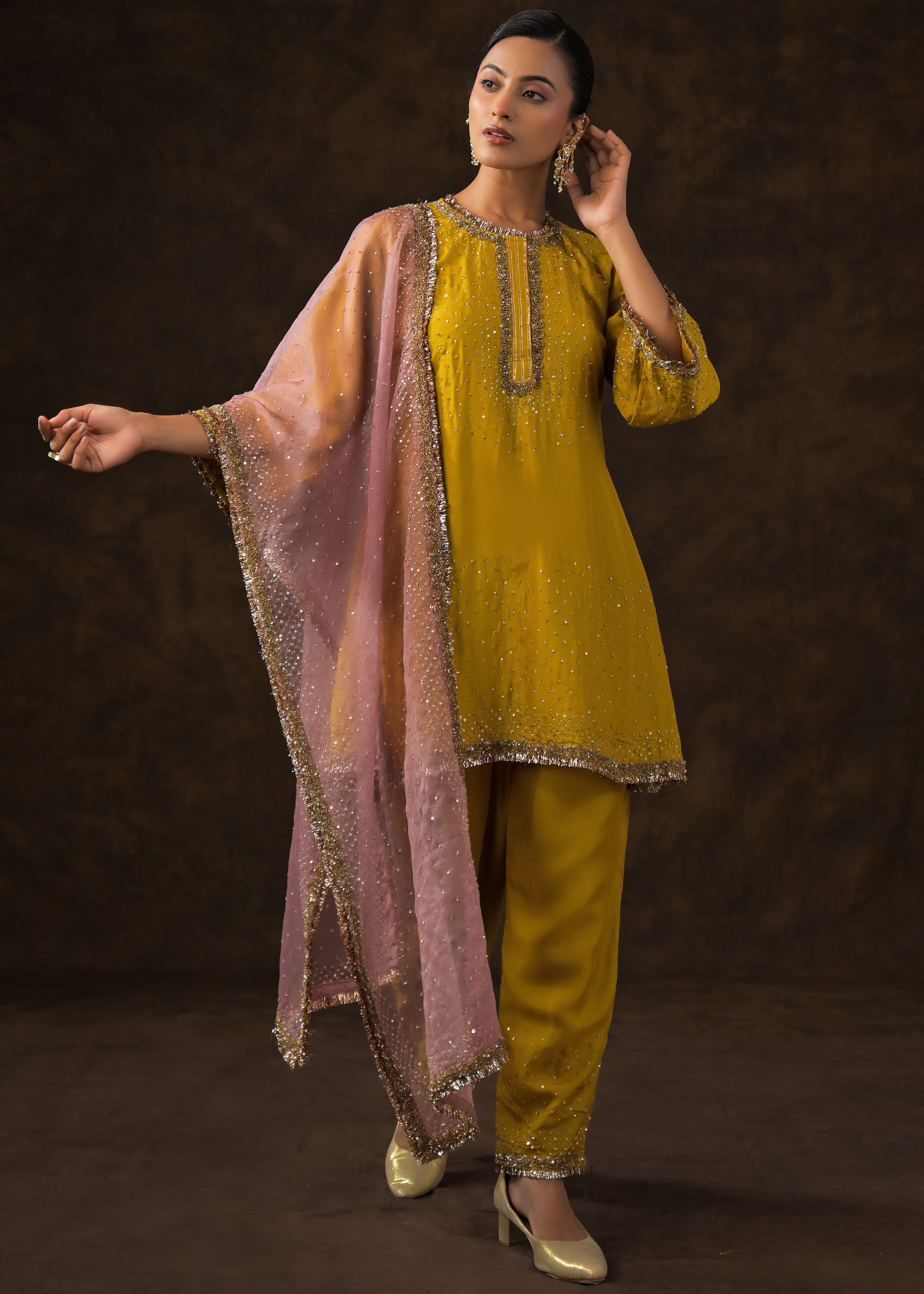 Mustard Yellow Embellished Raw Silk Pant Set