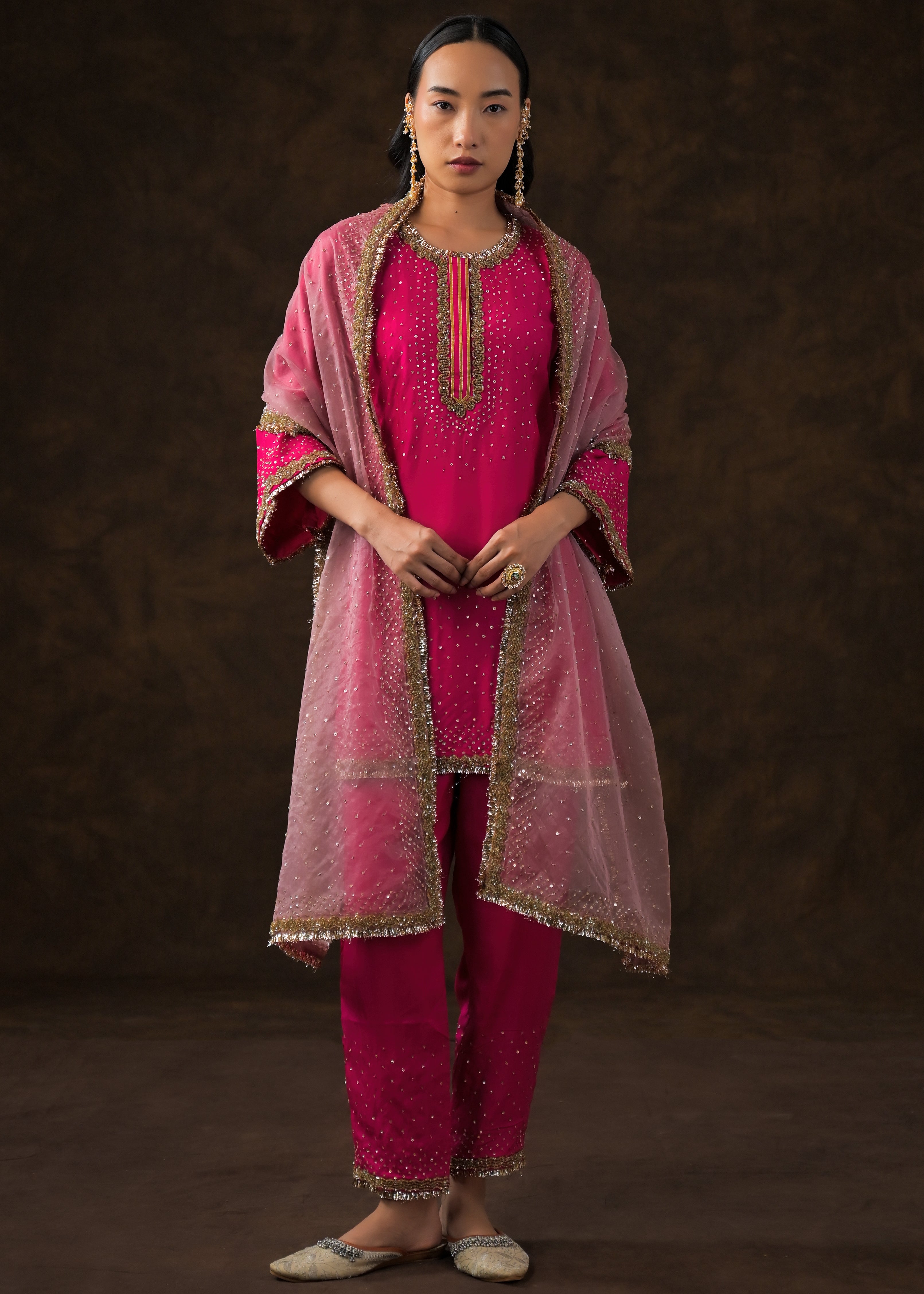 Queen Pink Embellished Raw Silk Pant Set