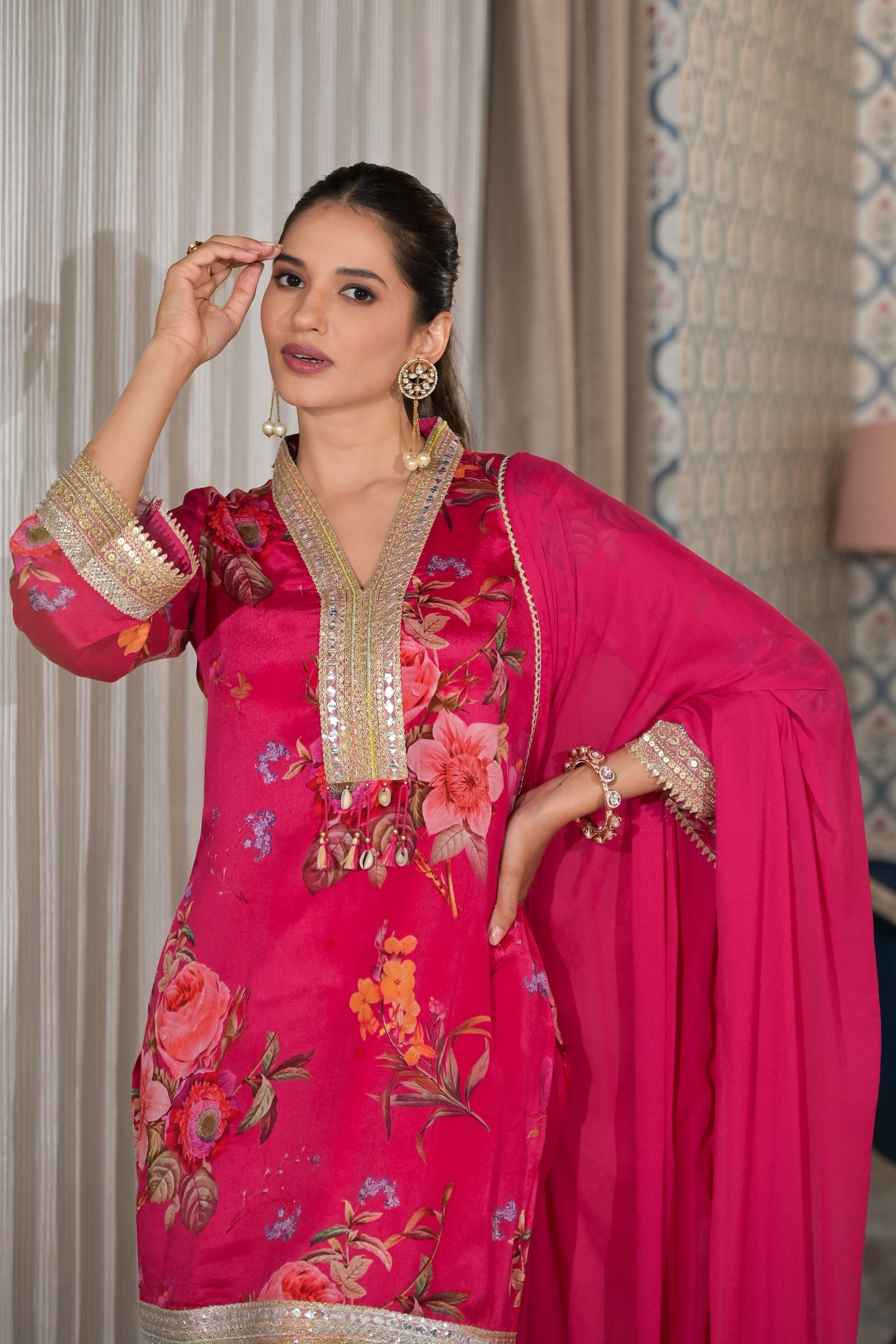 Pink Floral Printed Premium Silk Salwar Set