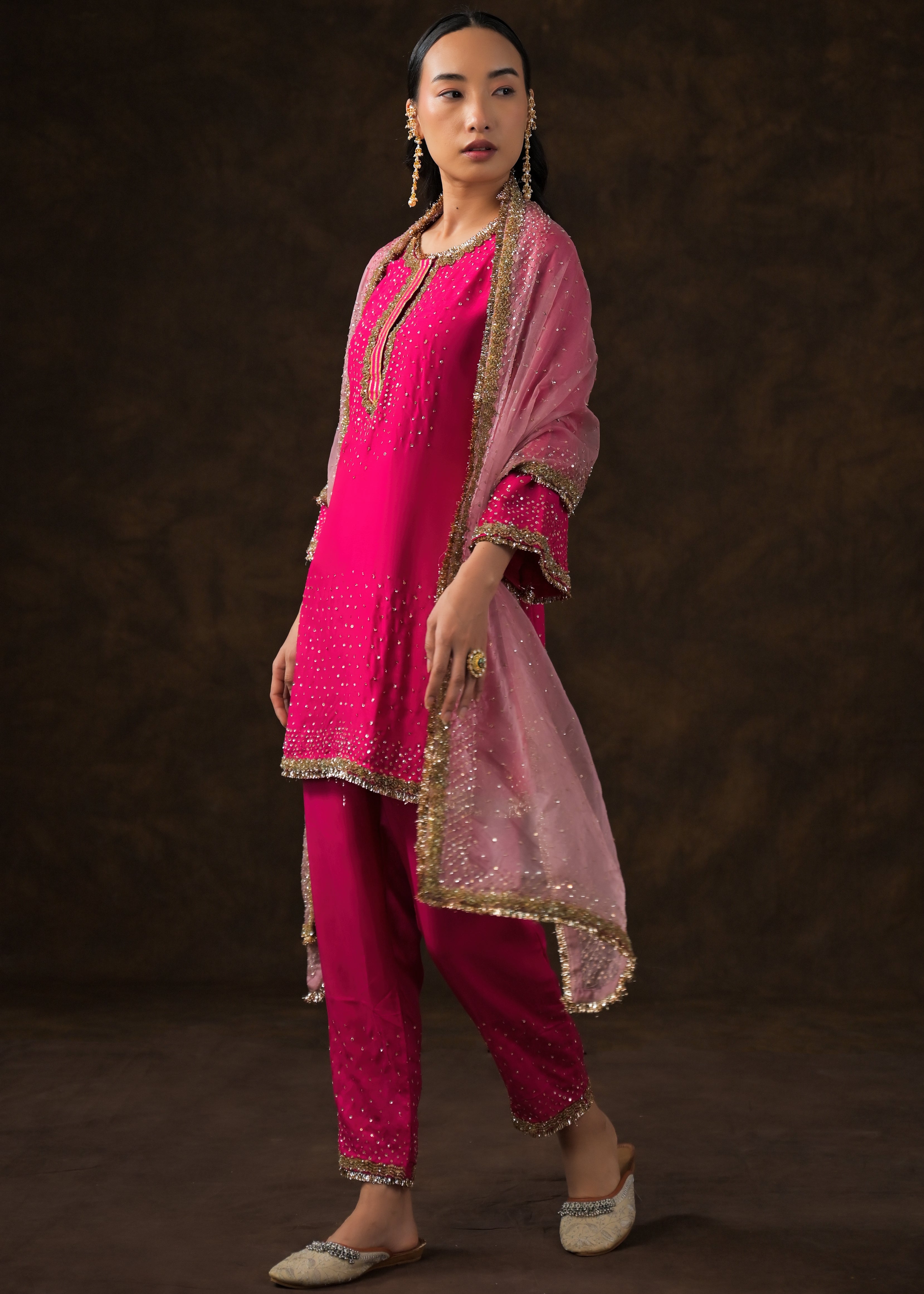 Queen Pink Embellished Raw Silk Pant Set