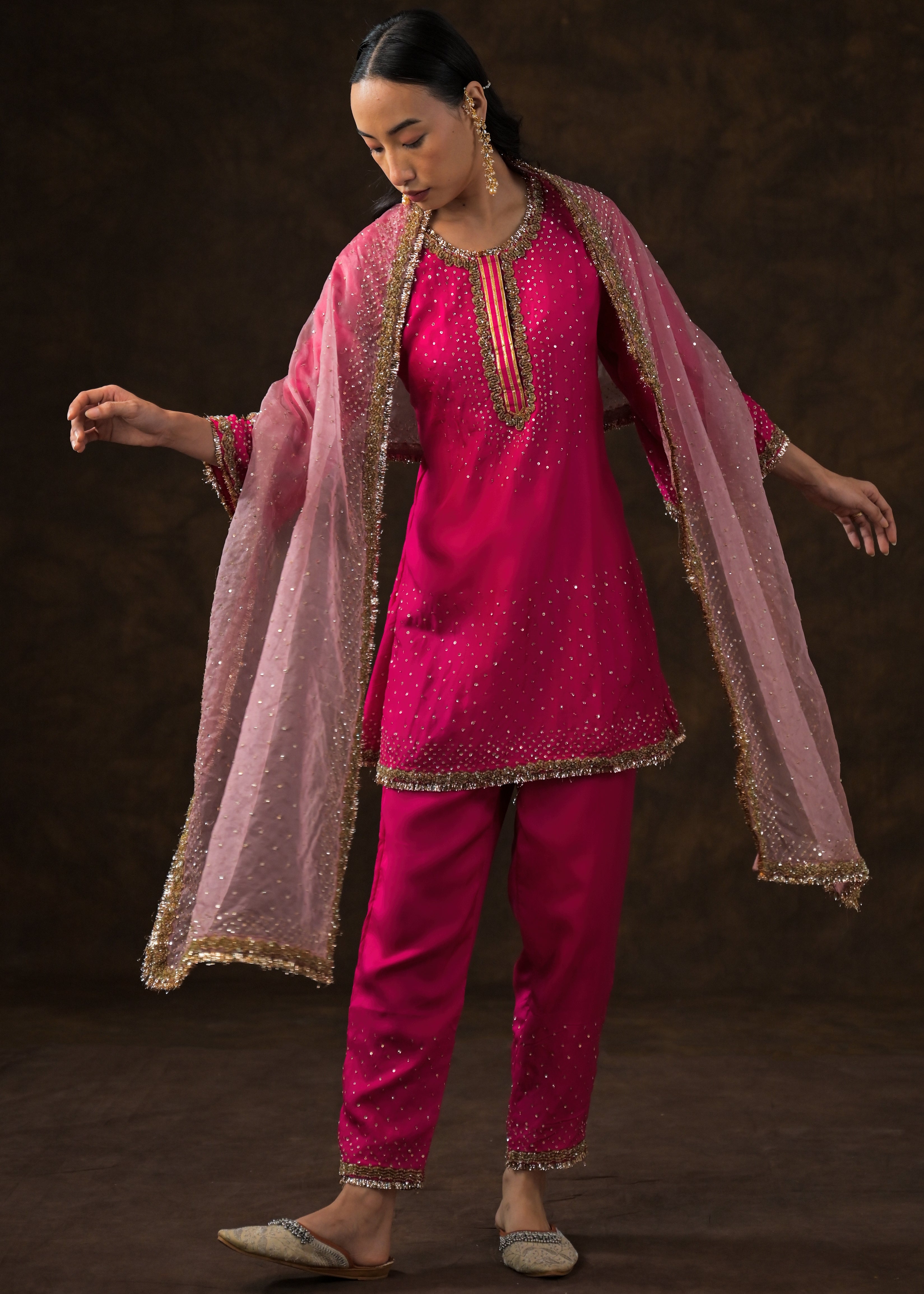 Queen Pink Embellished Raw Silk Pant Set