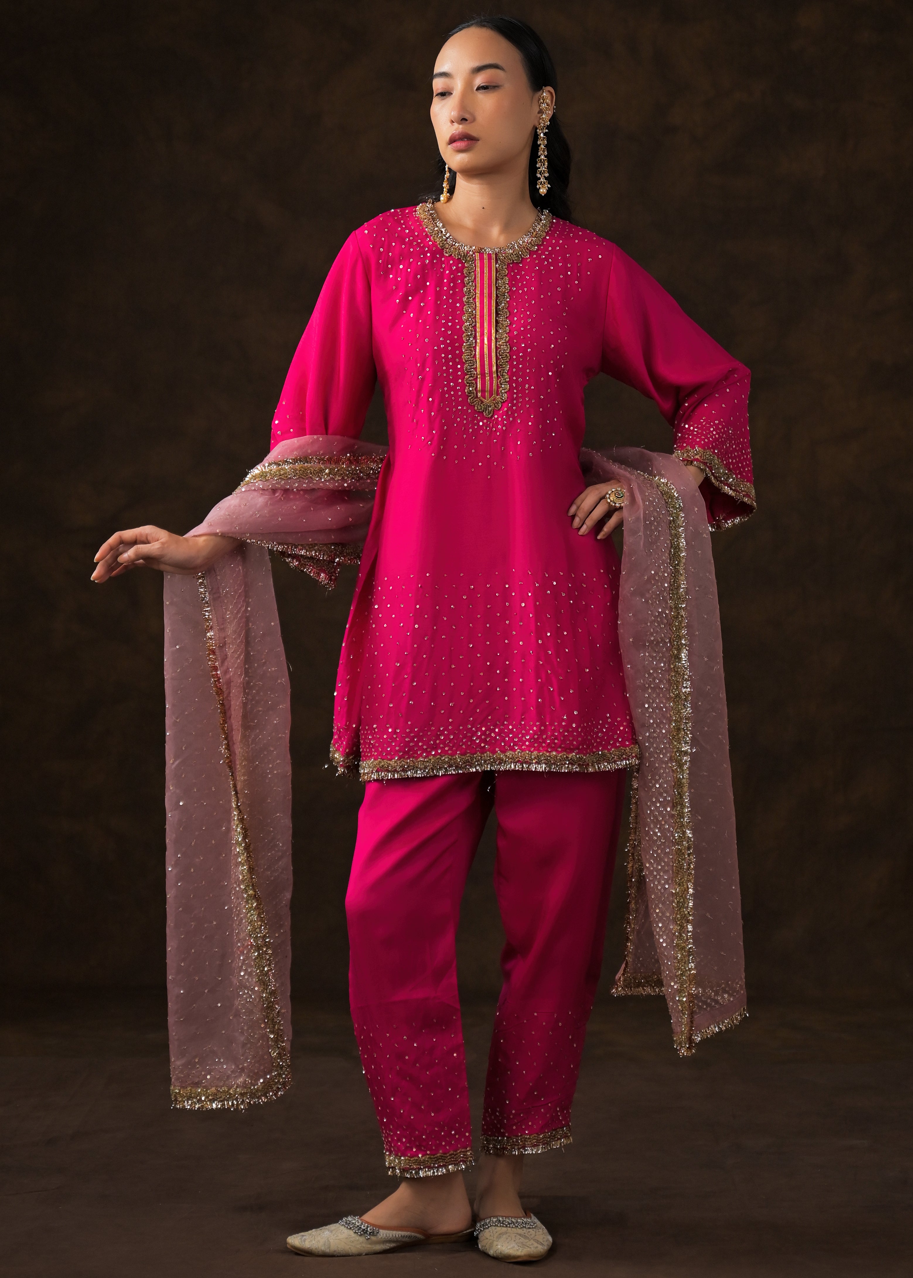 Queen Pink Embellished Raw Silk Pant Set