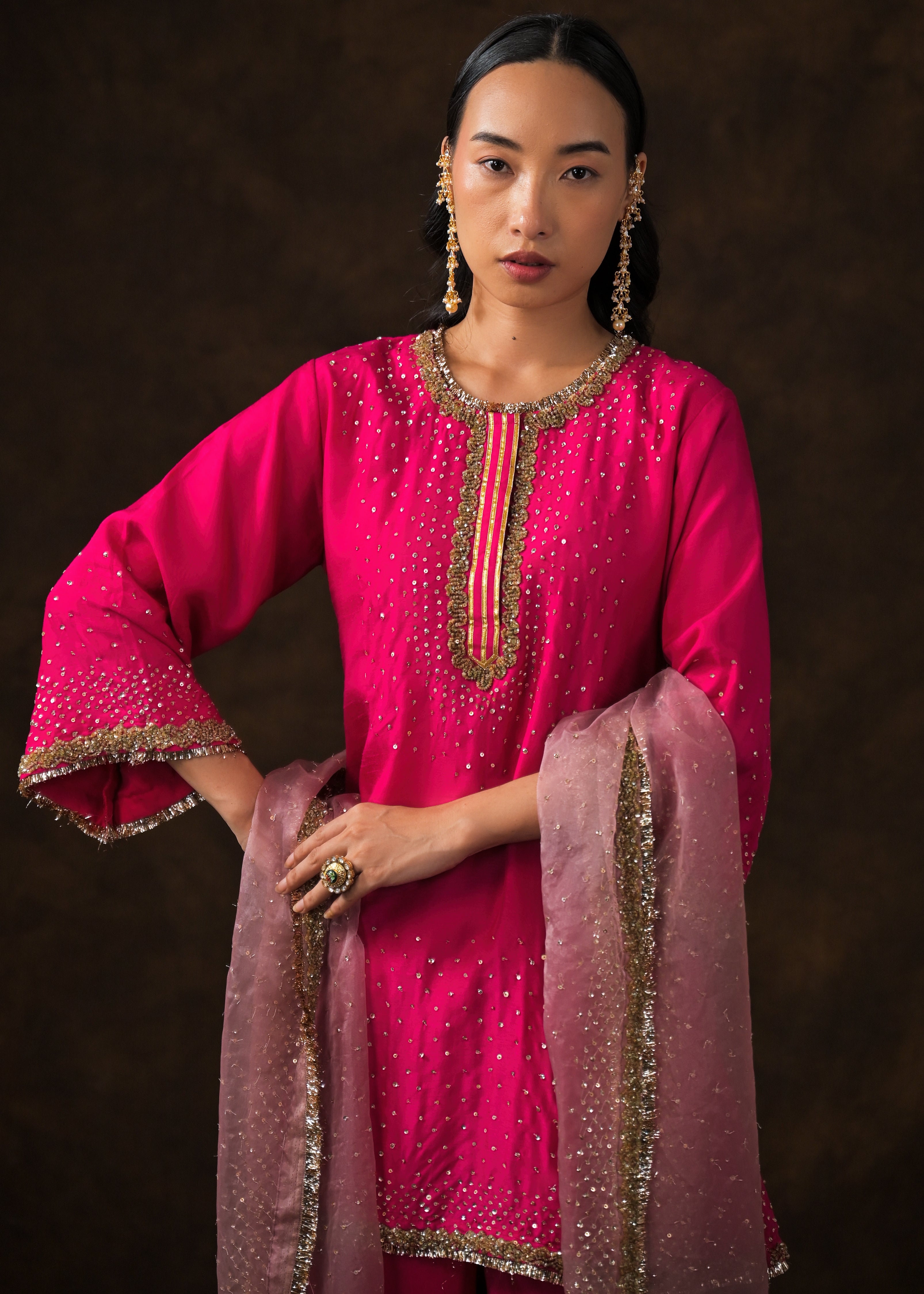 Queen Pink Embellished Raw Silk Pant Set