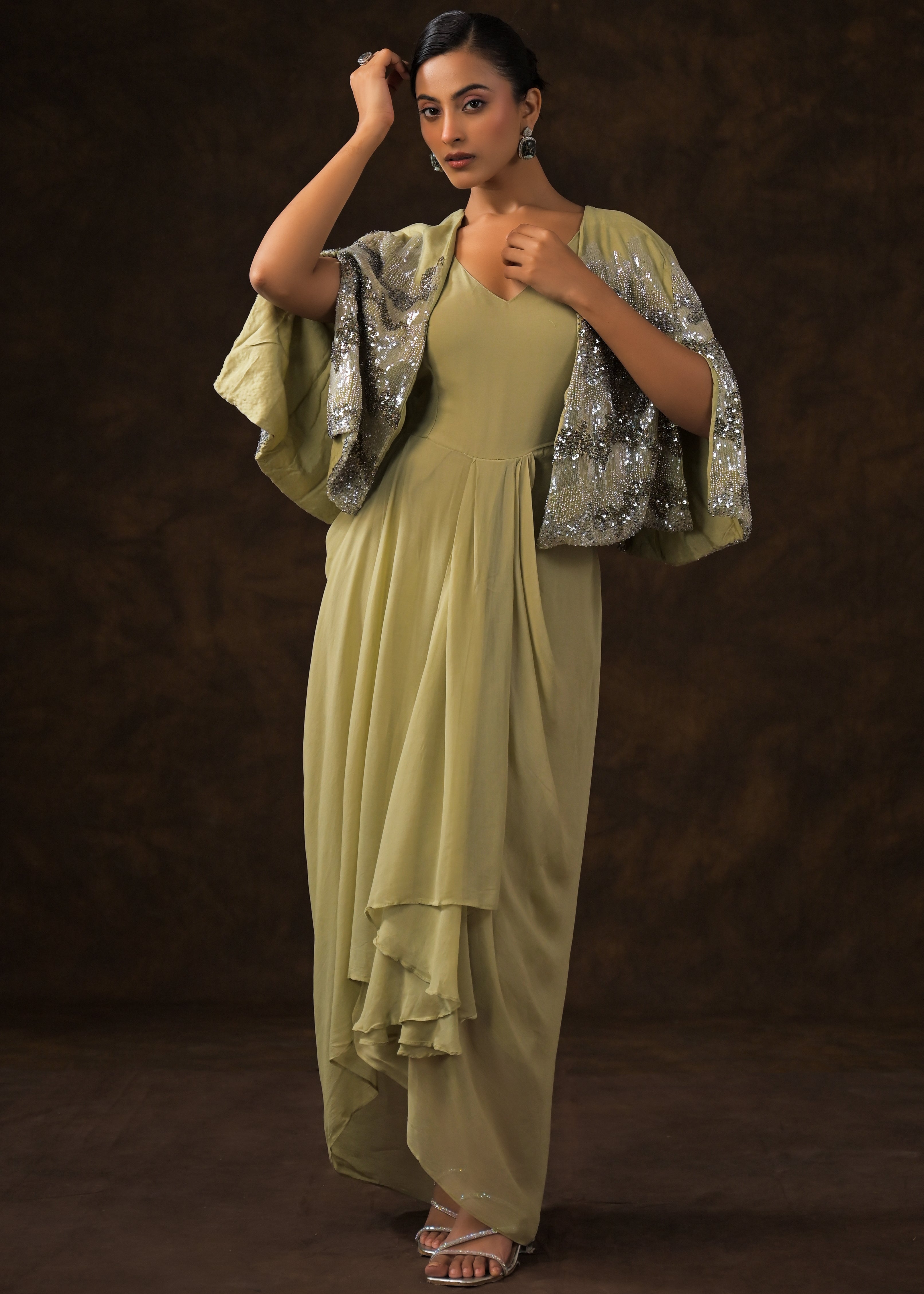 Khaki Green Embellished Premium Silk Dress
