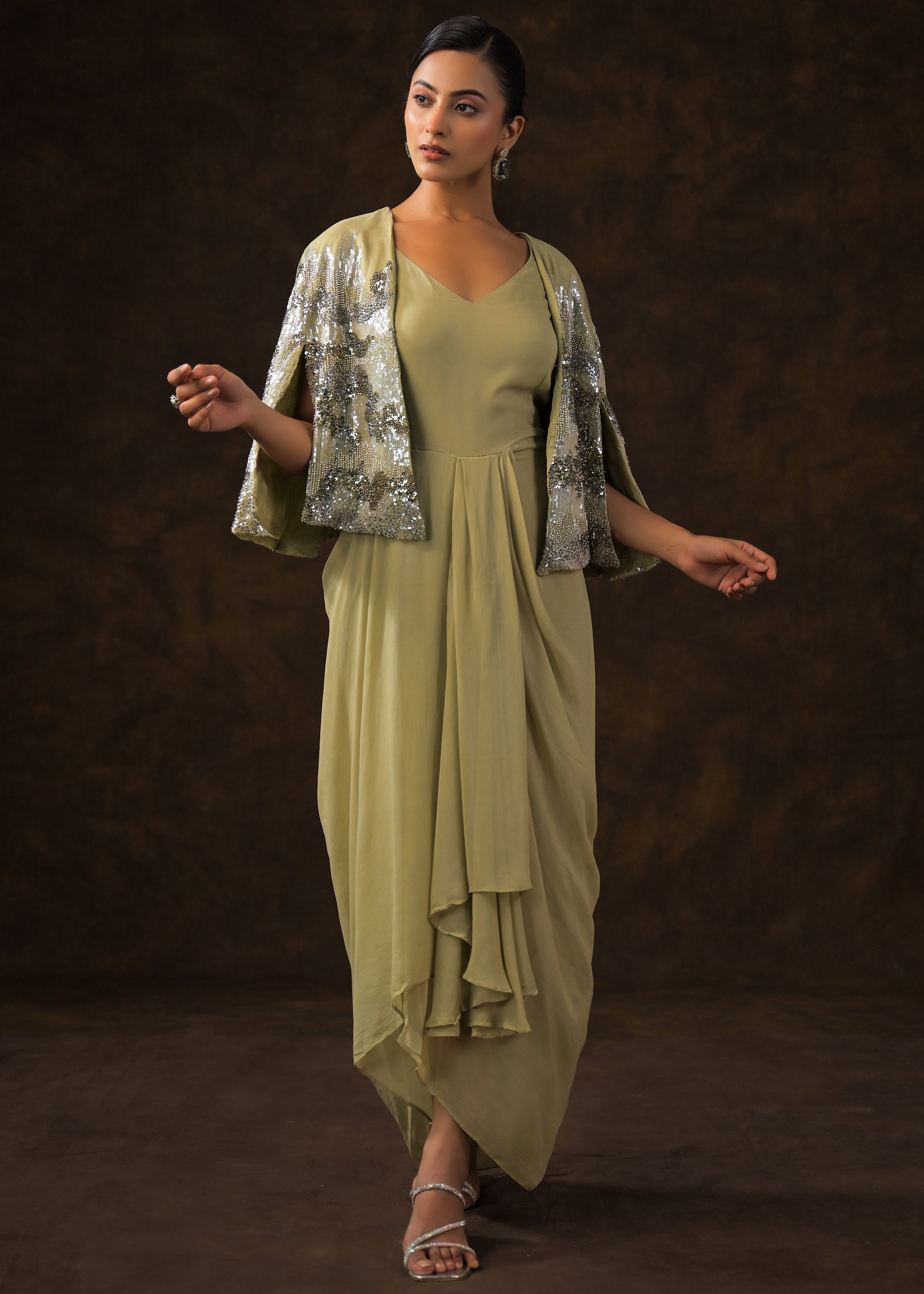 Khaki Green Embellished Premium Silk Dress