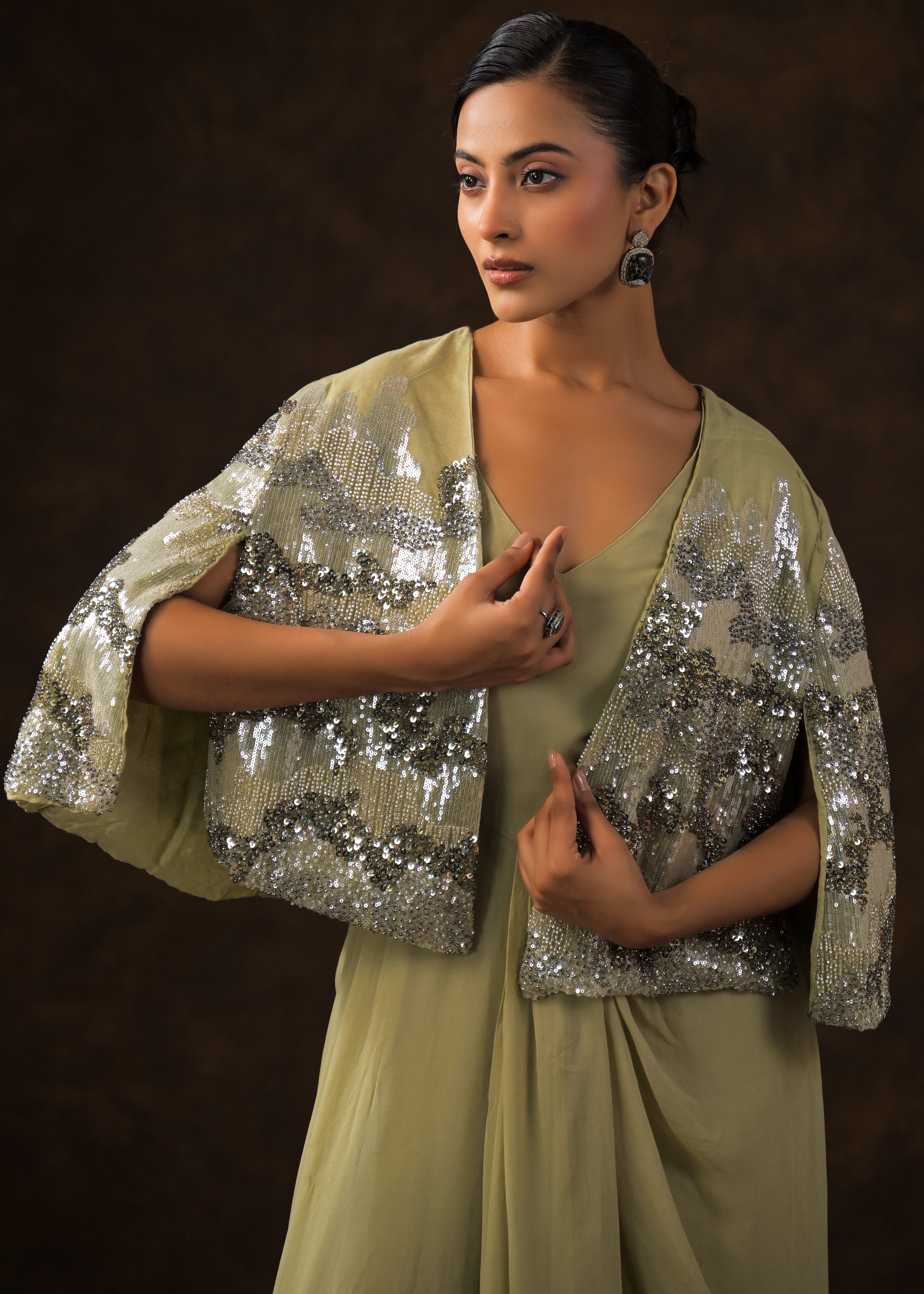 Khaki Green Embellished Premium Silk Dress