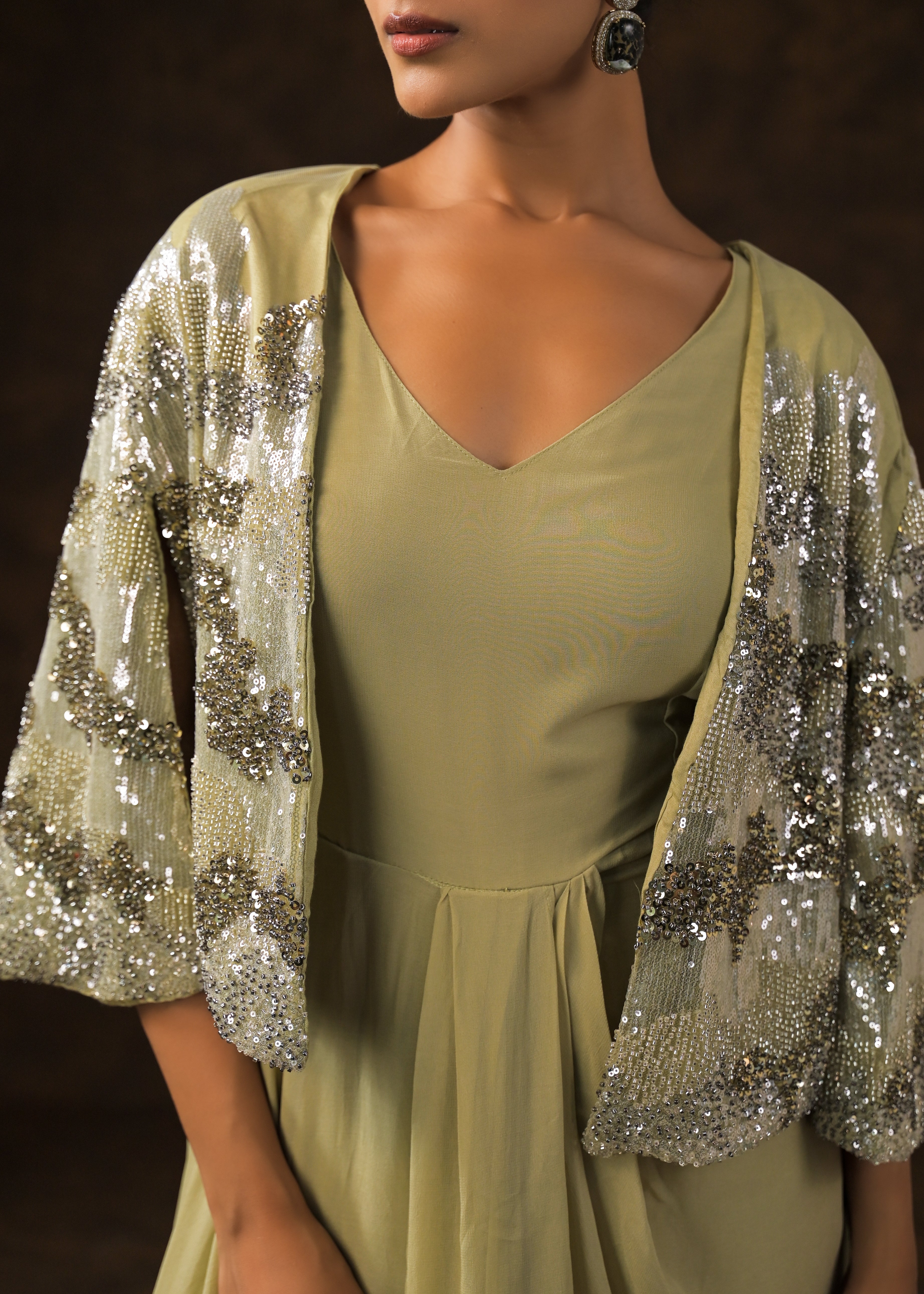 Khaki Green Embellished Premium Silk Dress