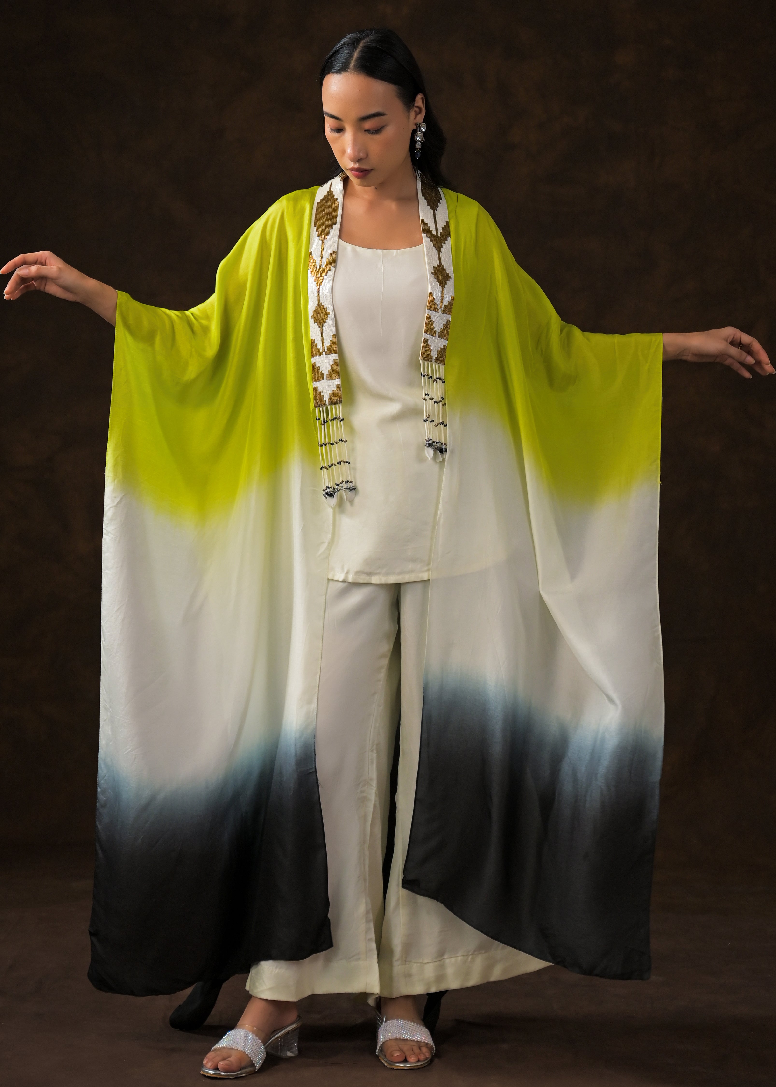 Ivory Ombre Dye Raw Silk Cape Set