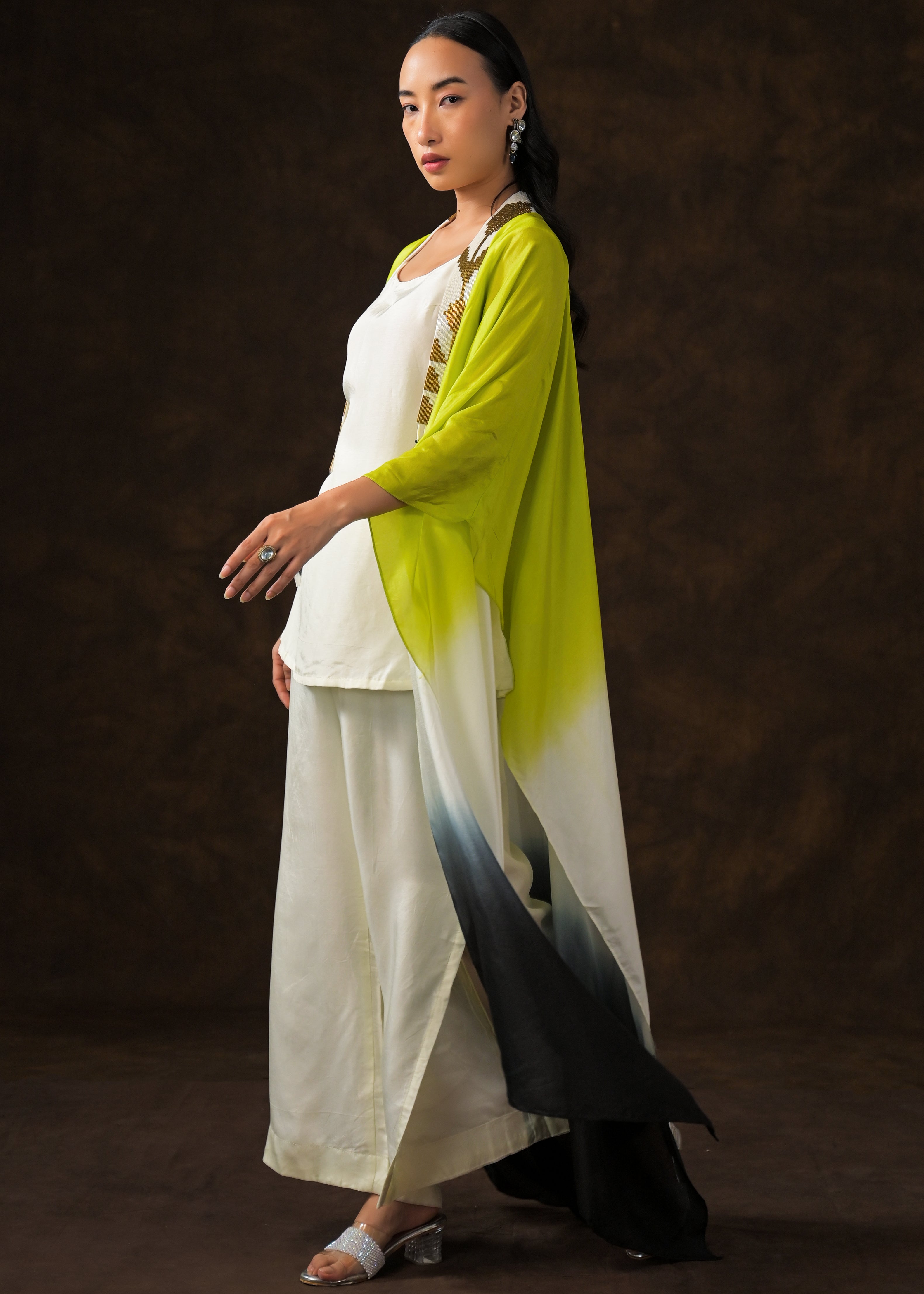 Ivory Ombre Dye Raw Silk Cape Set