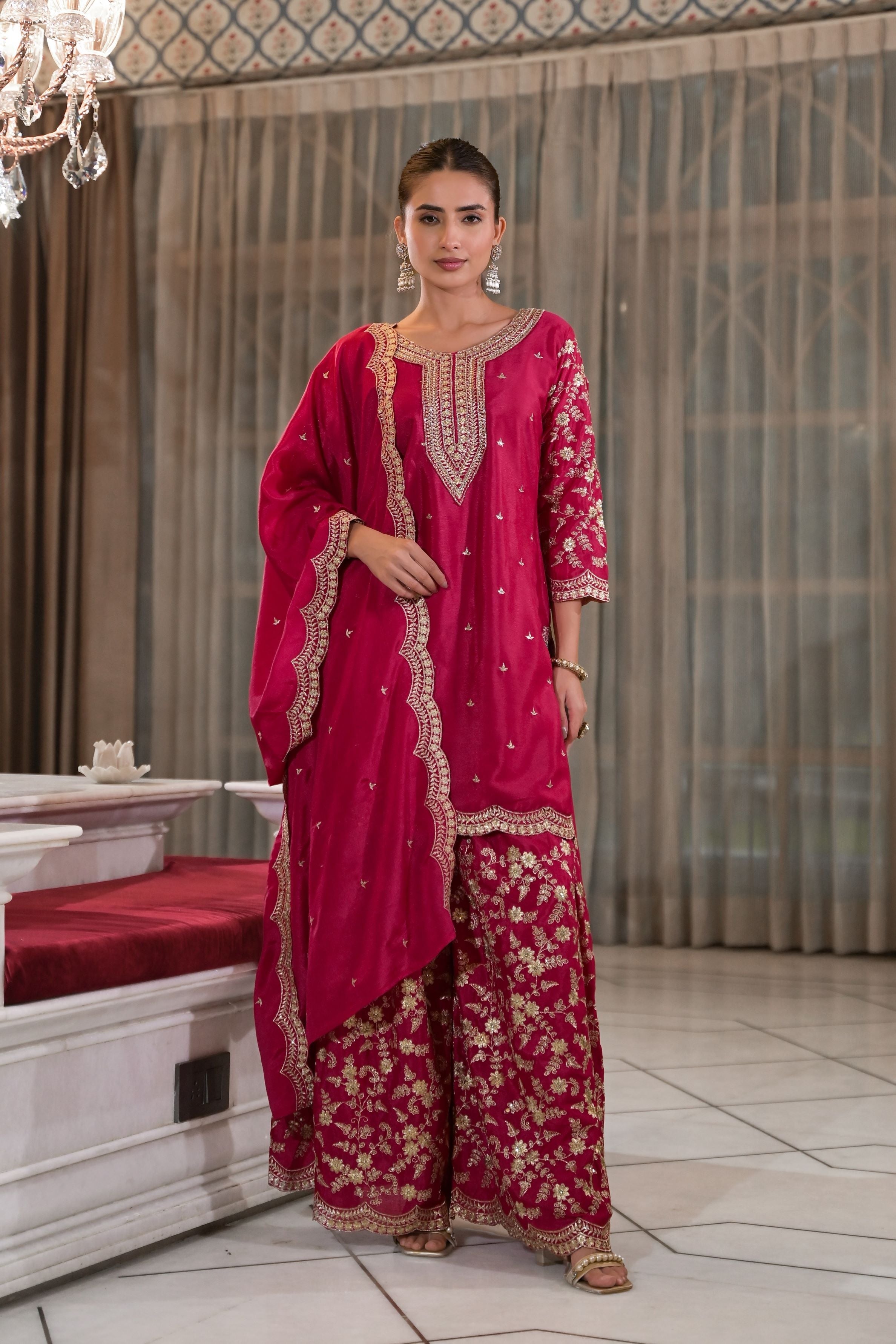 Ruby Red Embellished Italian Silk Palazzo Set