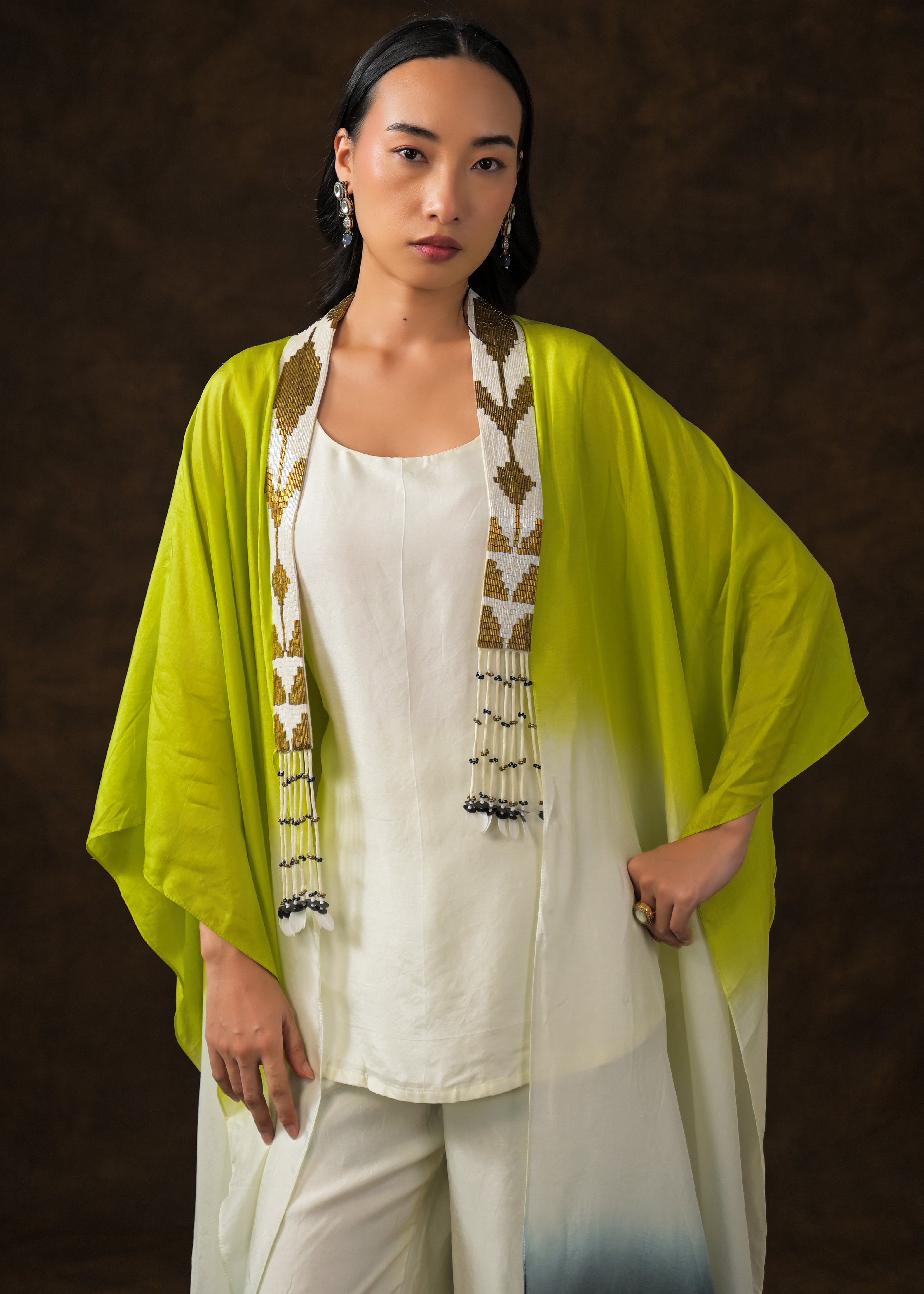Ivory Ombre Dye Raw Silk Cape Set