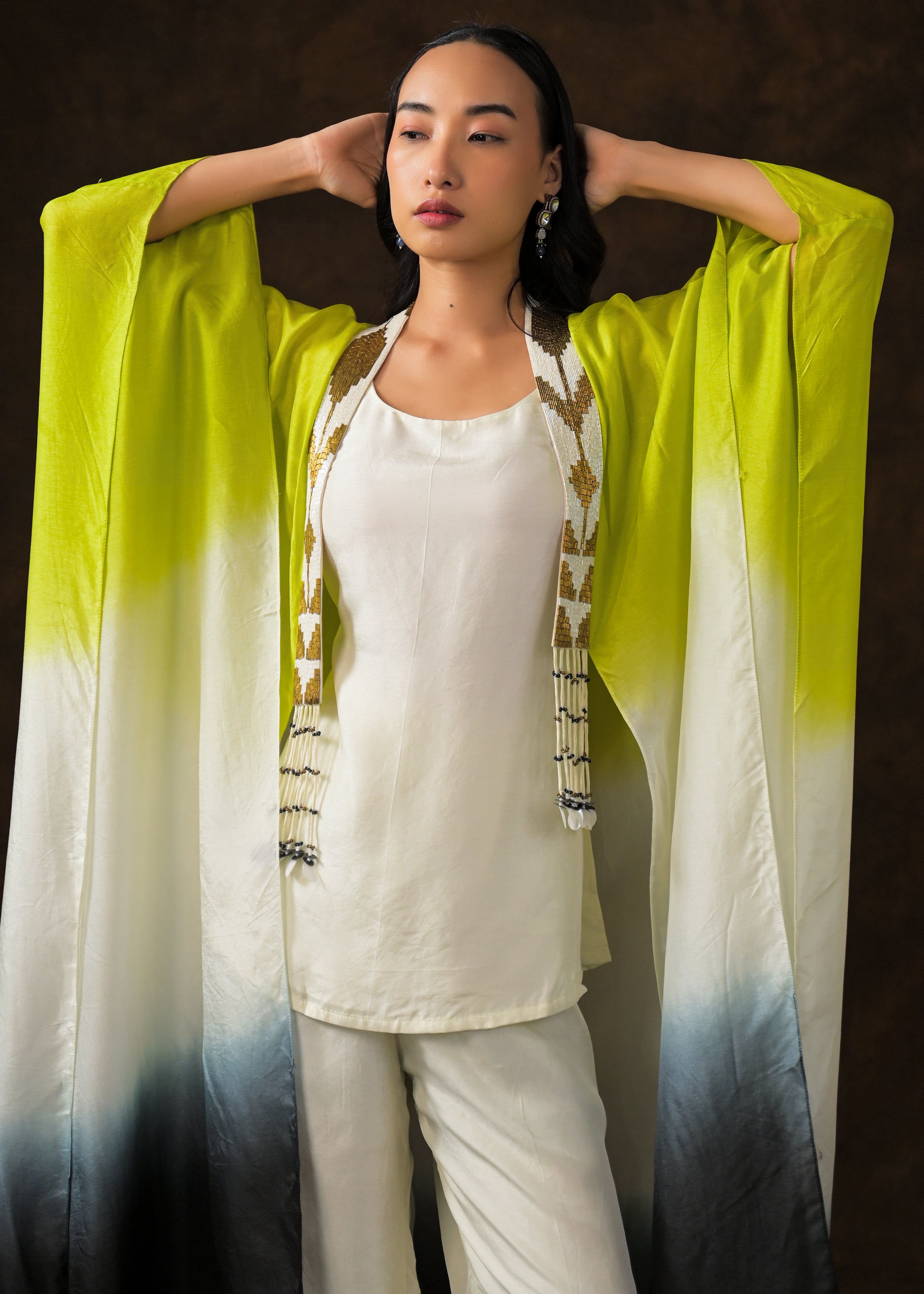 Ivory Ombre Dye Raw Silk Cape Set