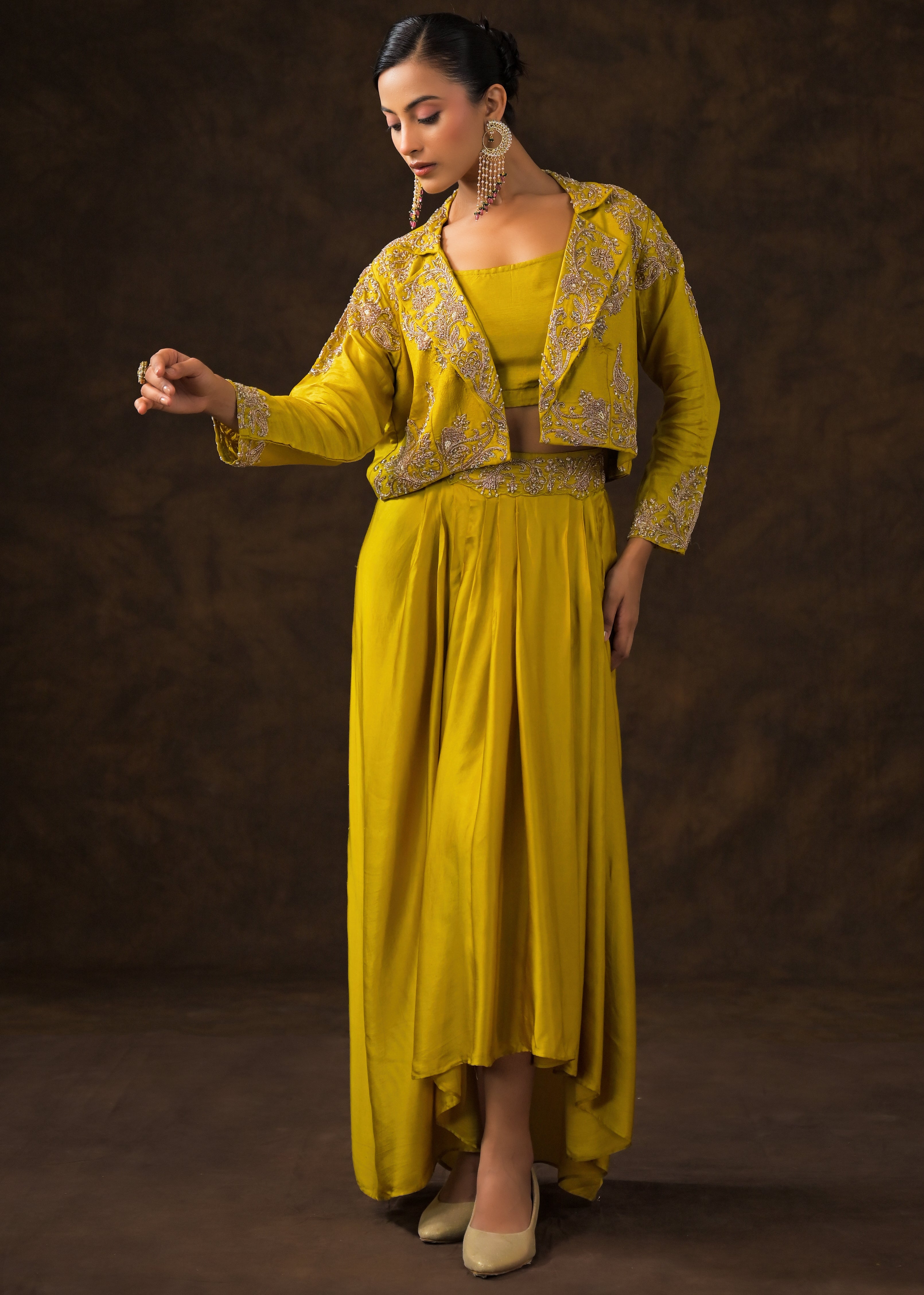 Mustard Green Embellished Raw Silk Skirt Set