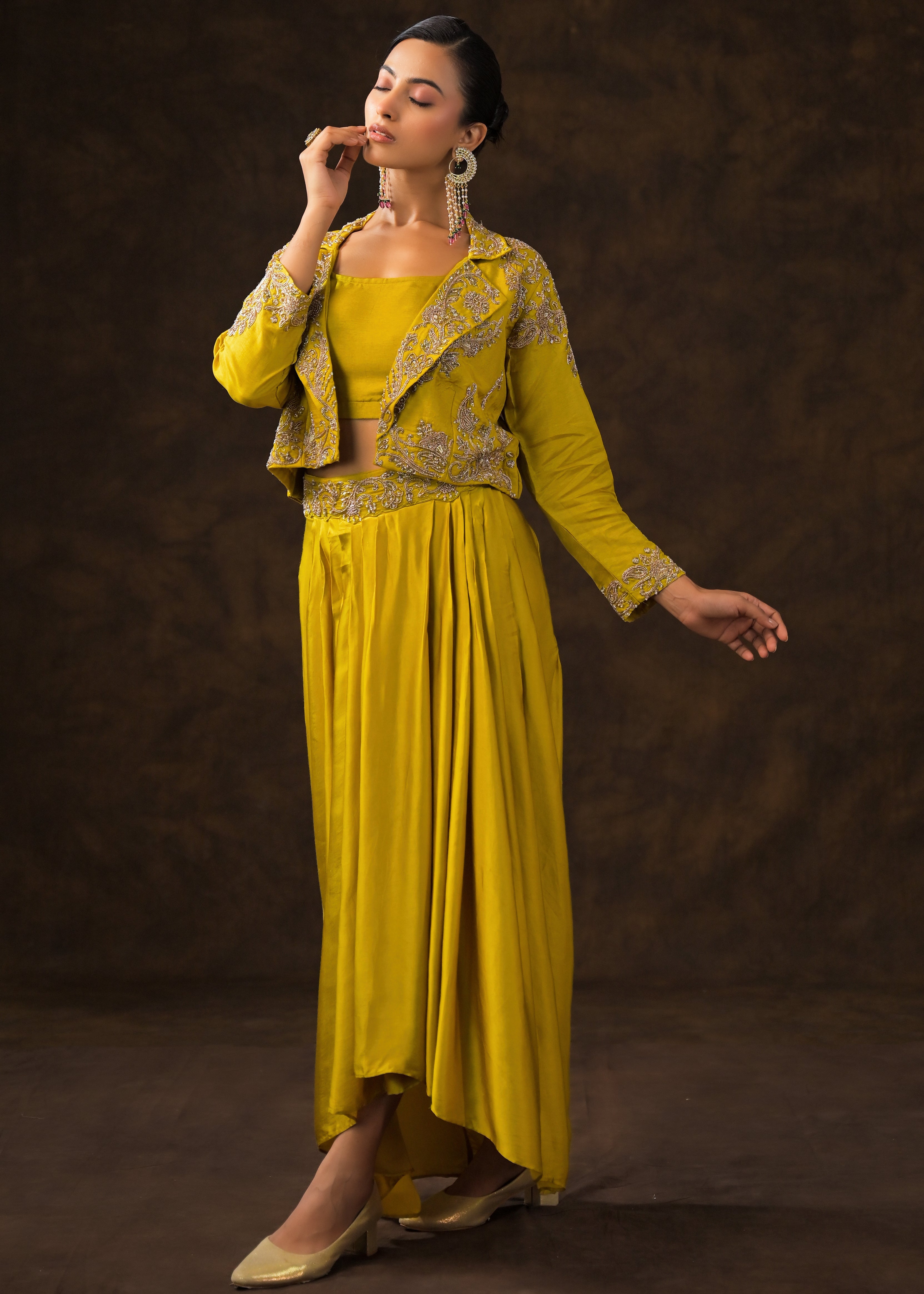 Mustard Green Embellished Raw Silk Skirt Set