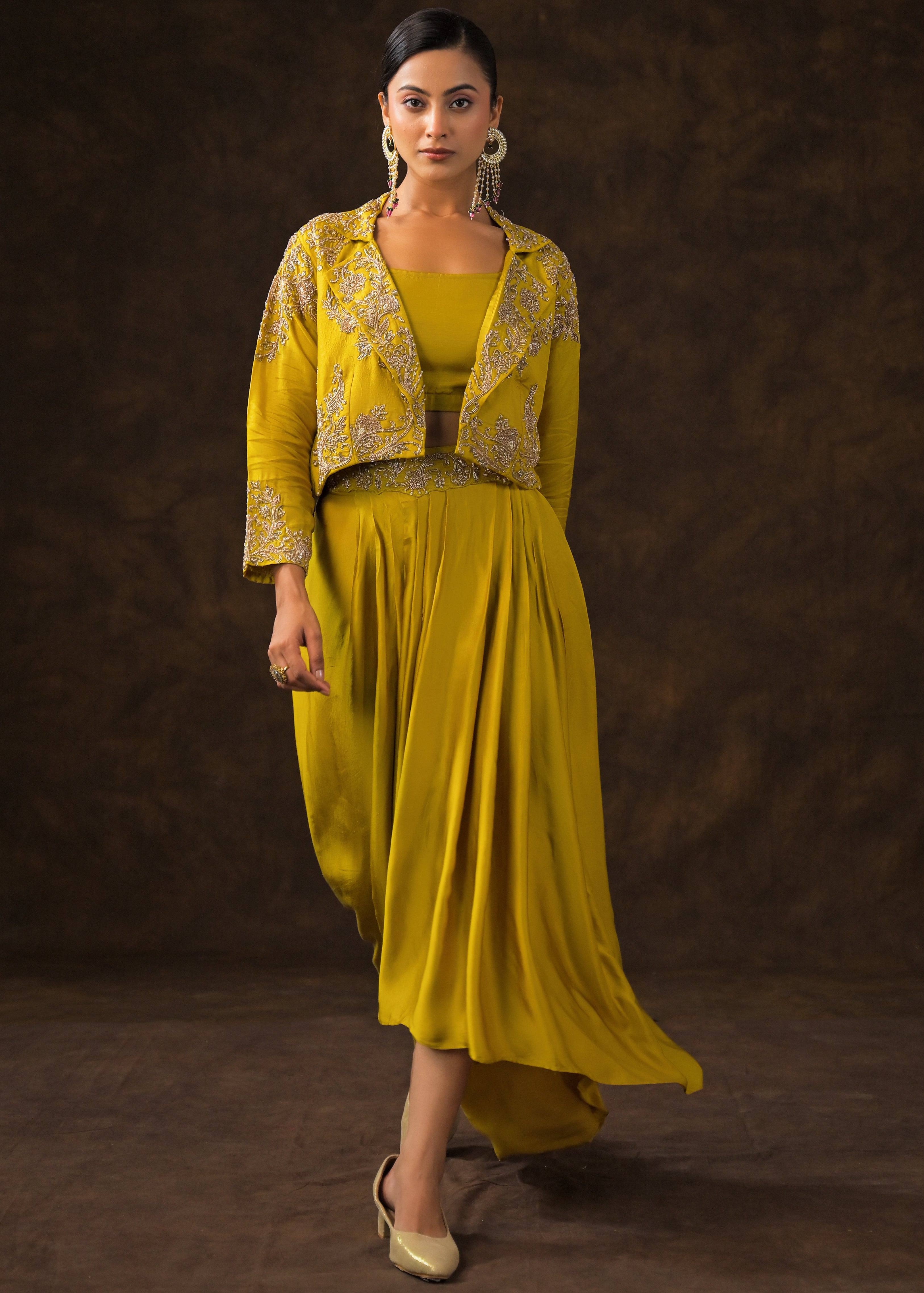Mustard Green Embellished Raw Silk Skirt Set
