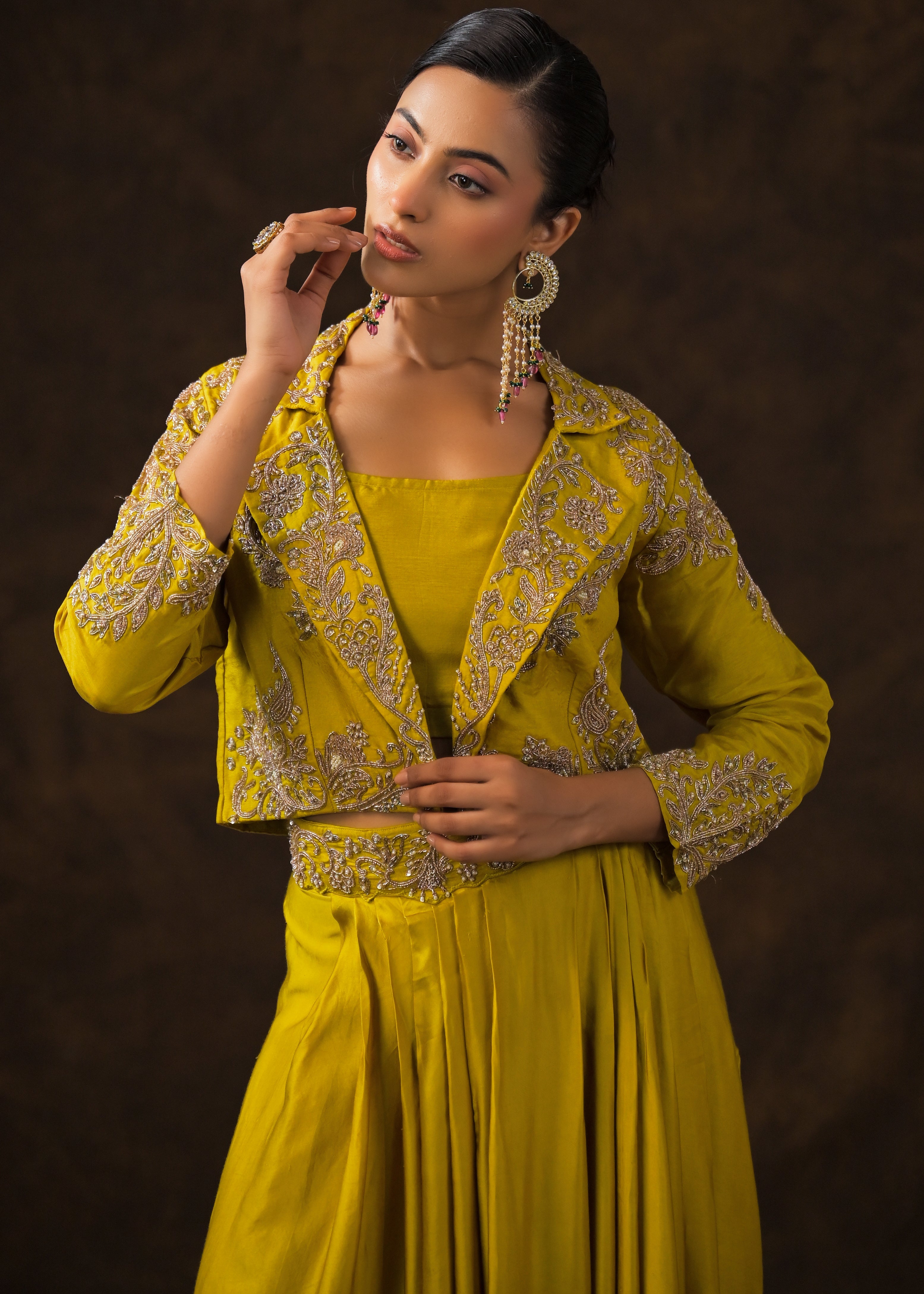 Mustard Green Embellished Raw Silk Skirt Set