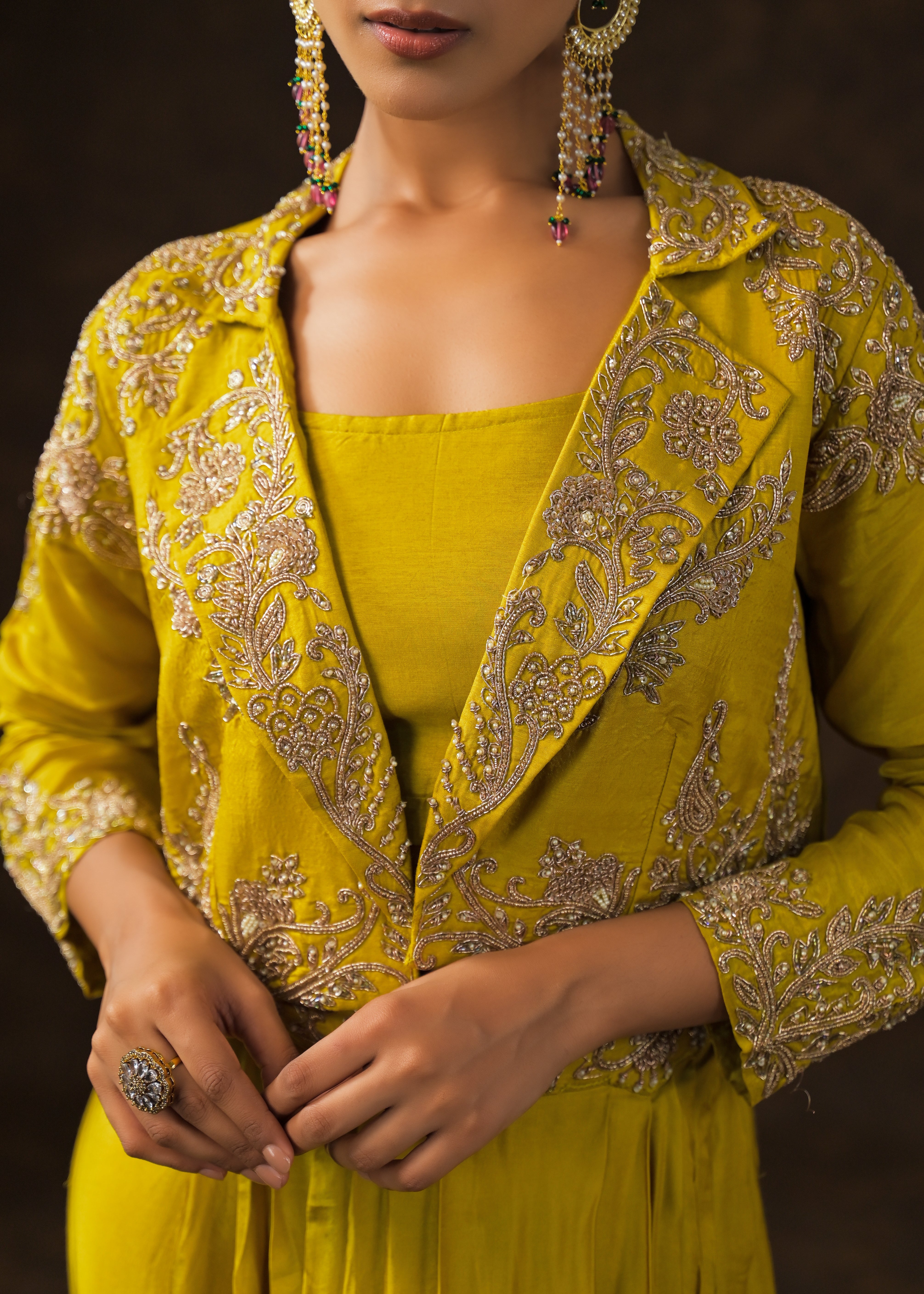 Mustard Green Embellished Raw Silk Skirt Set