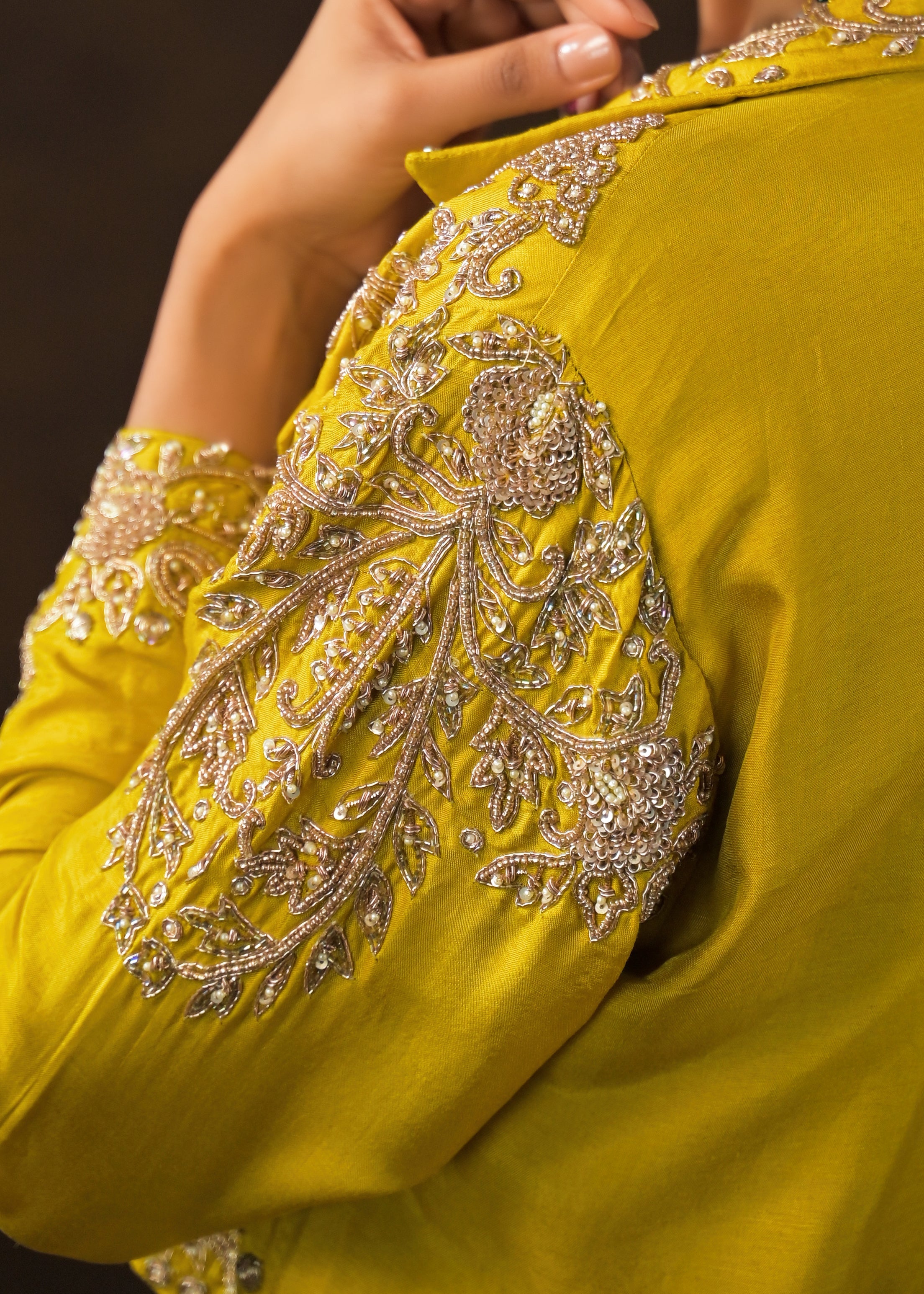 Mustard Green Embellished Raw Silk Skirt Set