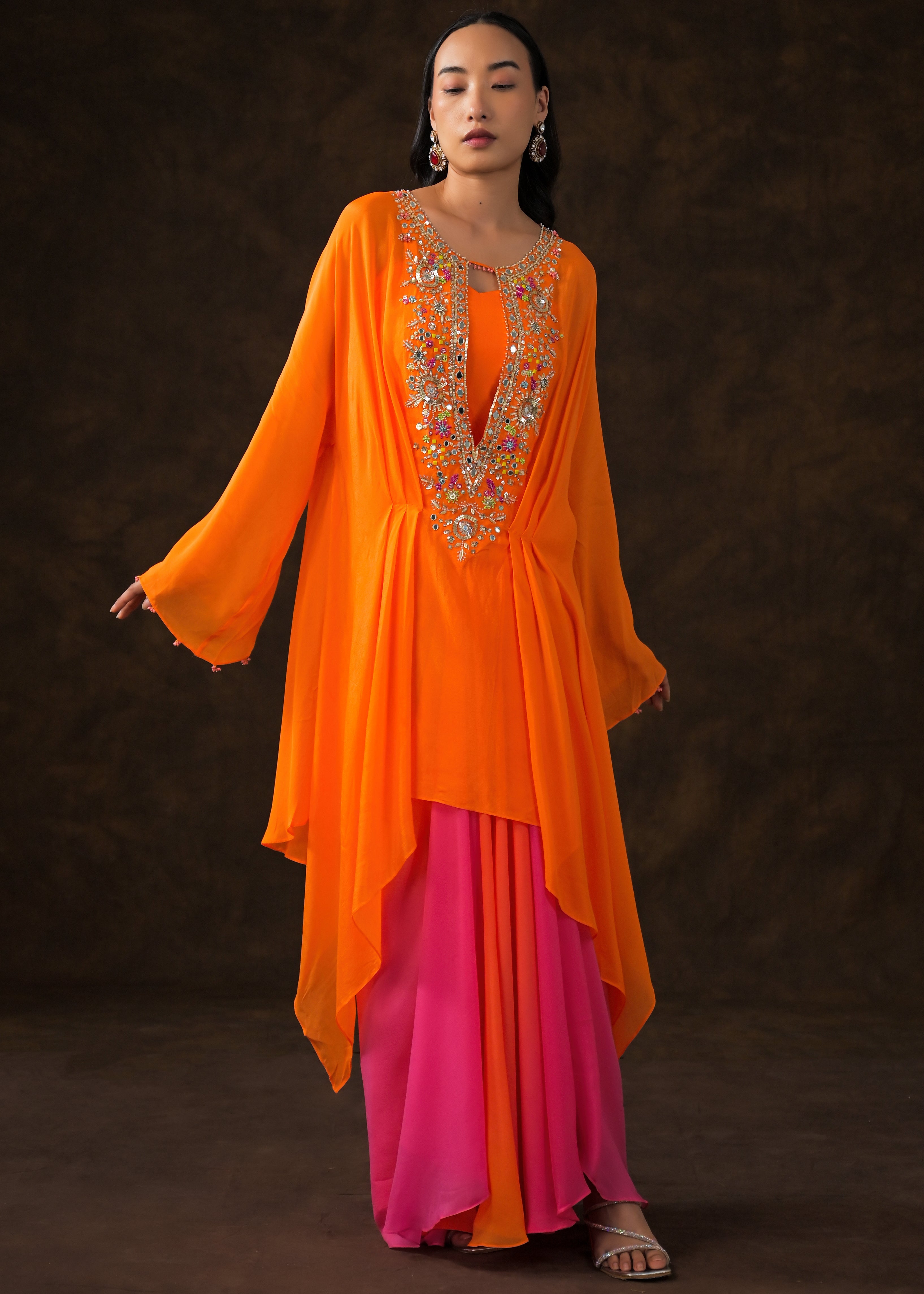Tangerine Orange Embellished Chinon Silk Drape Skirt Set