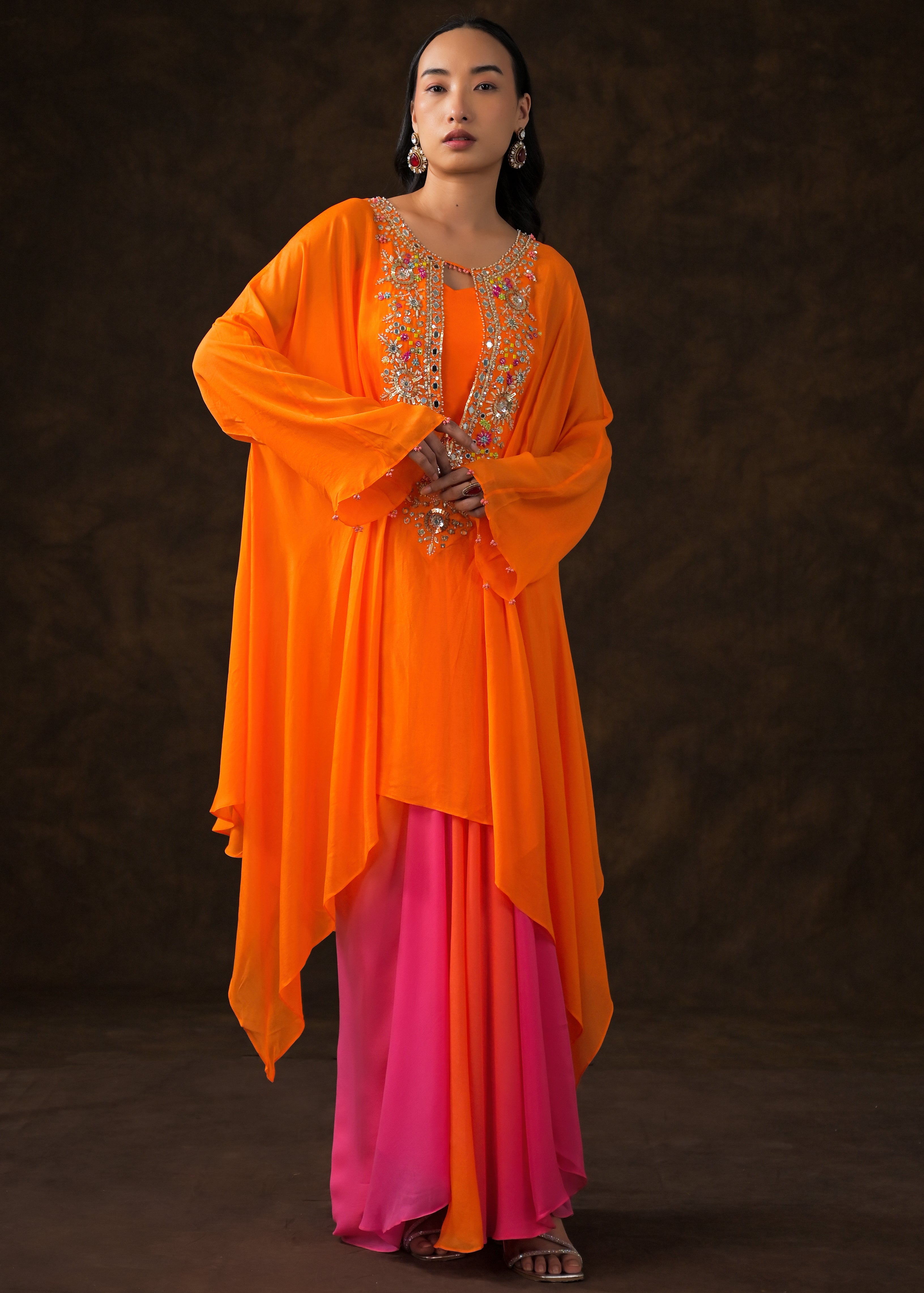 Tangerine Orange Embellished Chinon Silk Drape Skirt Set