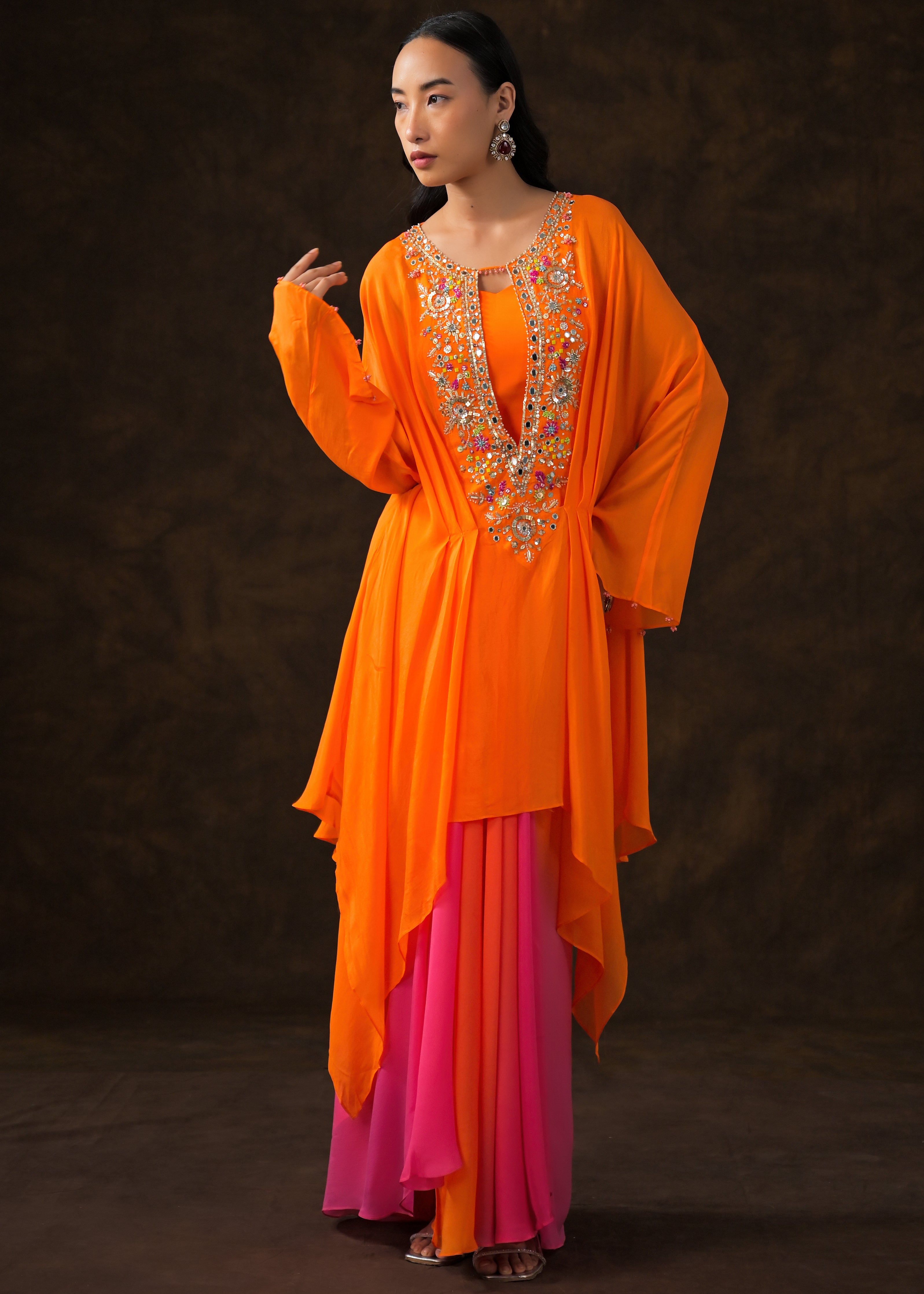 Tangerine Orange Embellished Chinon Silk Drape Skirt Set