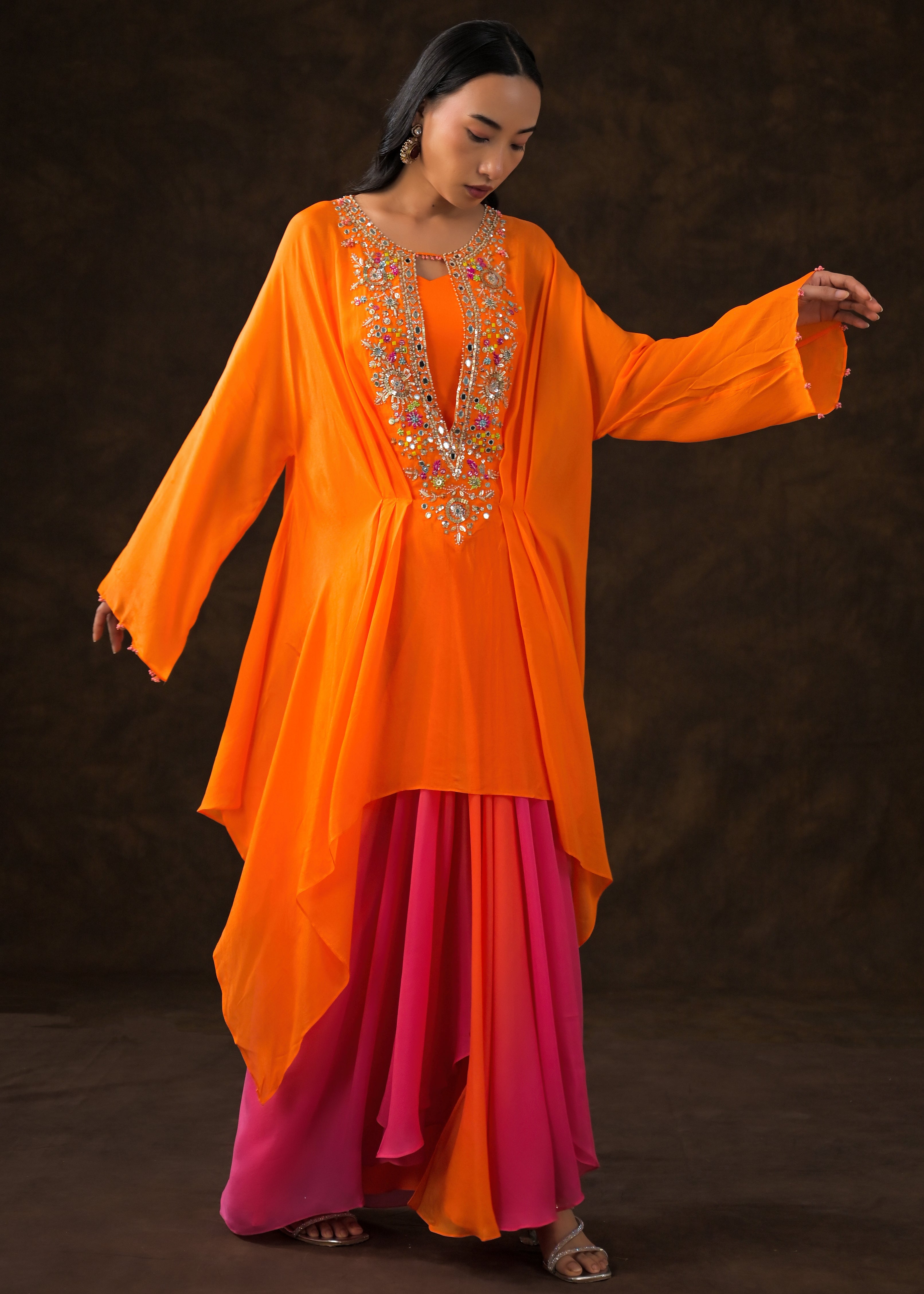 Tangerine Orange Embellished Chinon Silk Drape Skirt Set