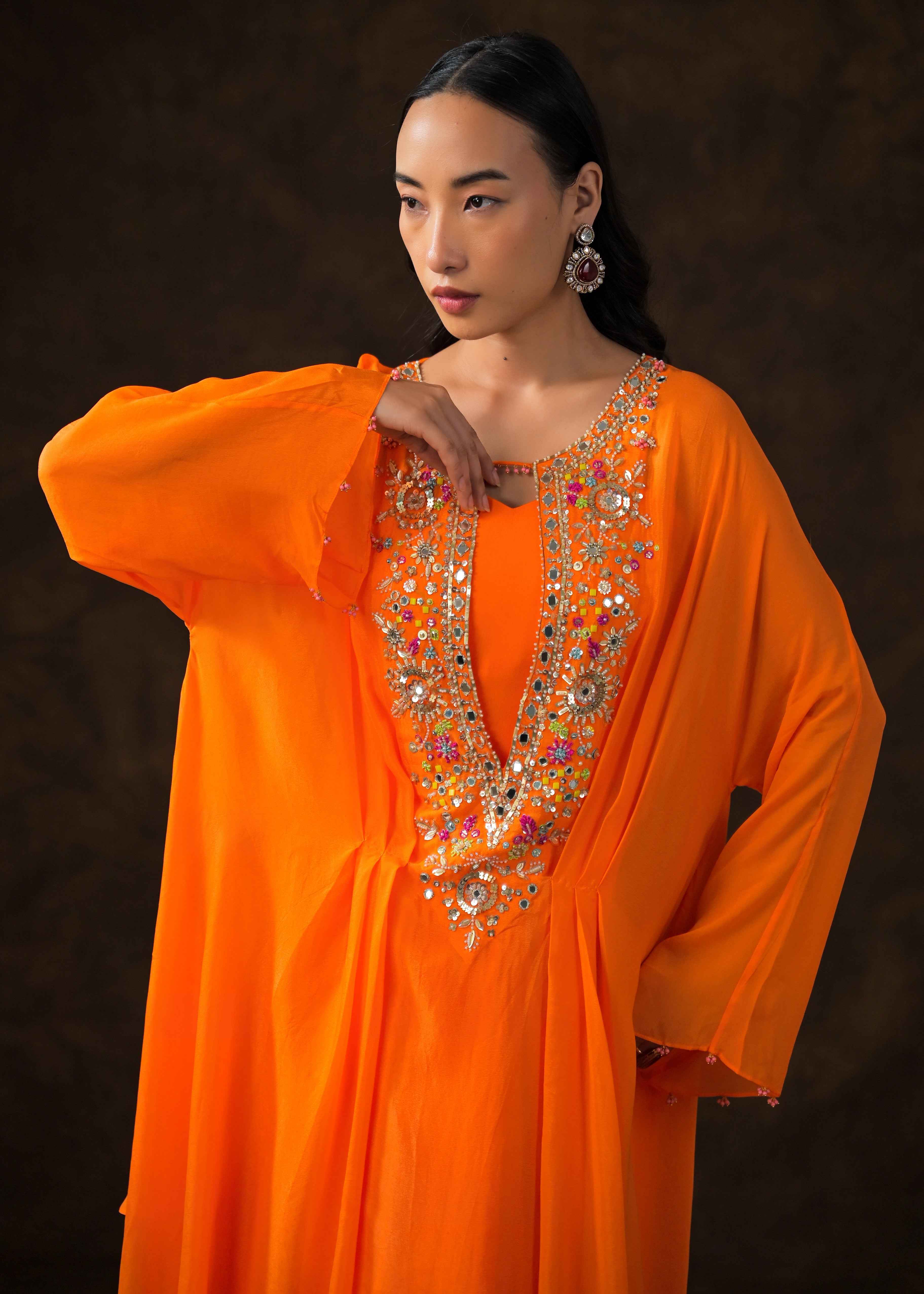 Tangerine Orange Embellished Chinon Silk Drape Skirt Set