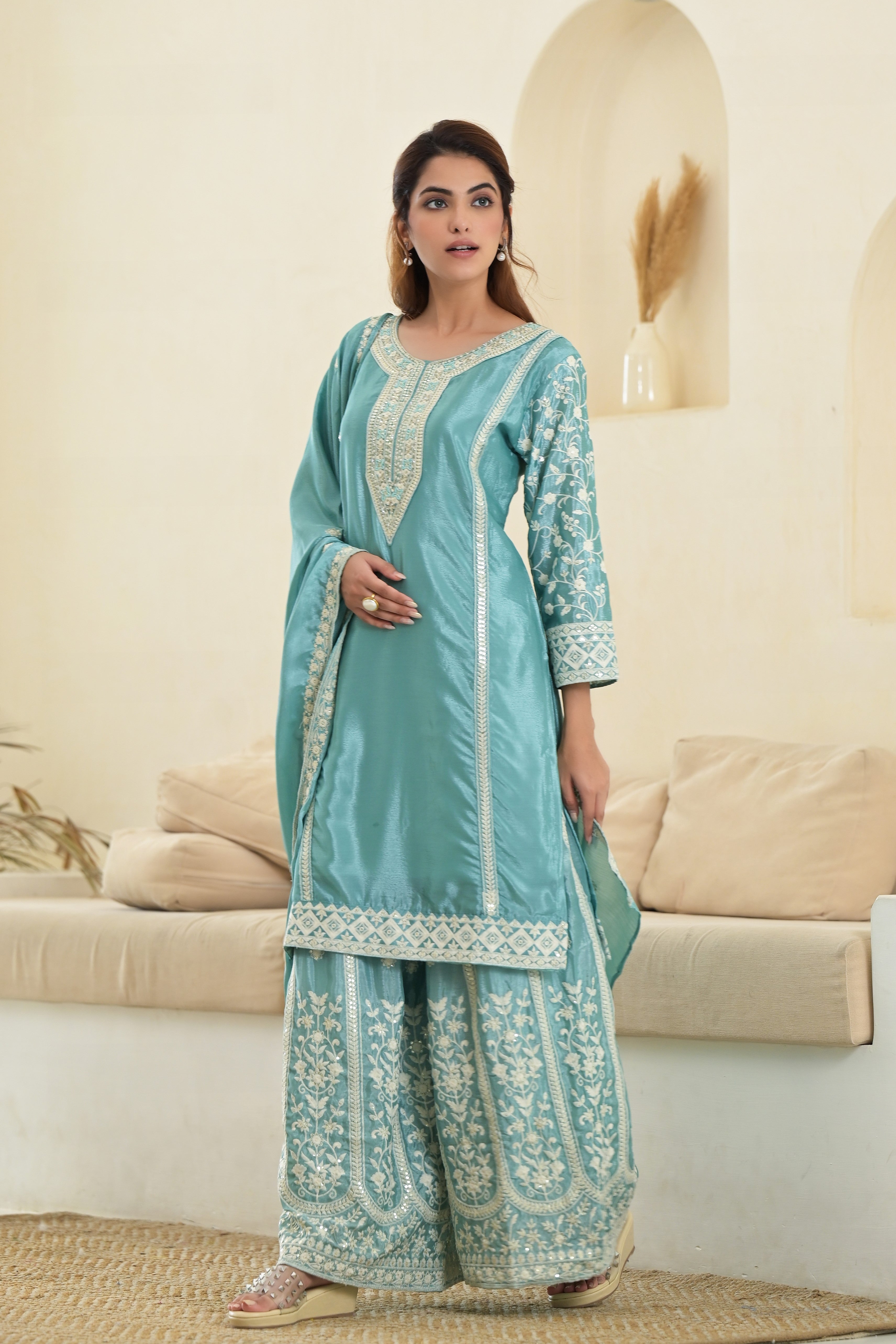 Bright Turquoise Embroidered Premium Silk Palazzo Set