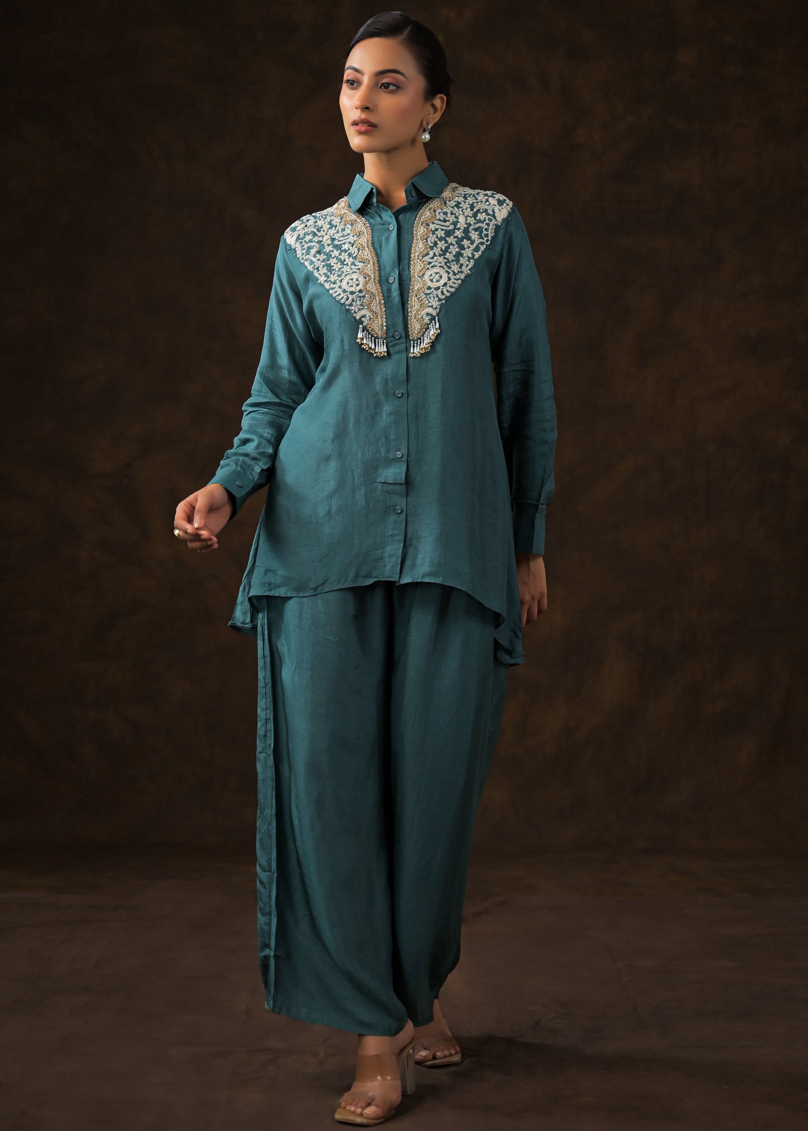 Emerald Teal Embroidered Raw Silk Co-Ord Set