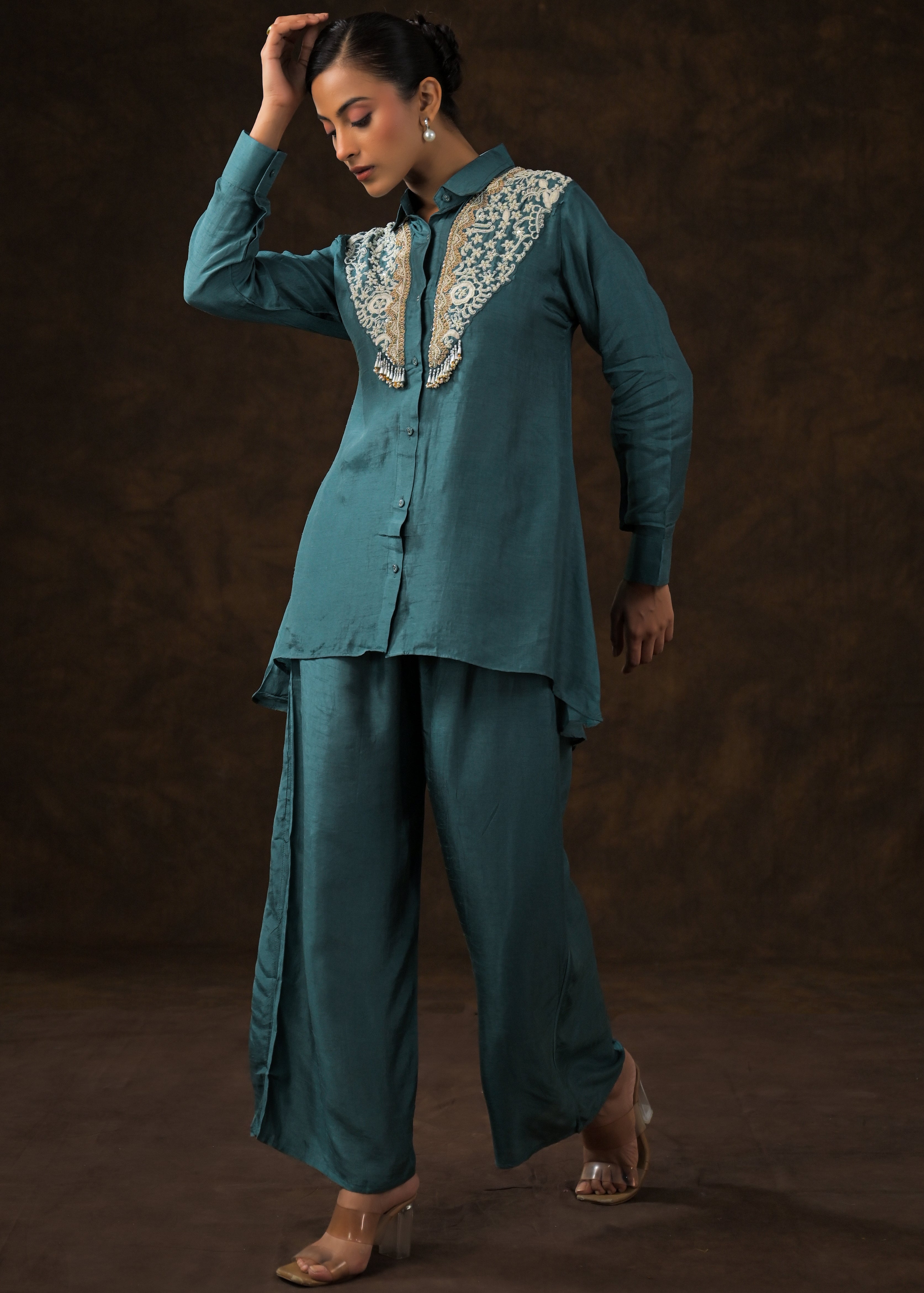 Emerald Teal Embroidered Raw Silk Co-Ord Set