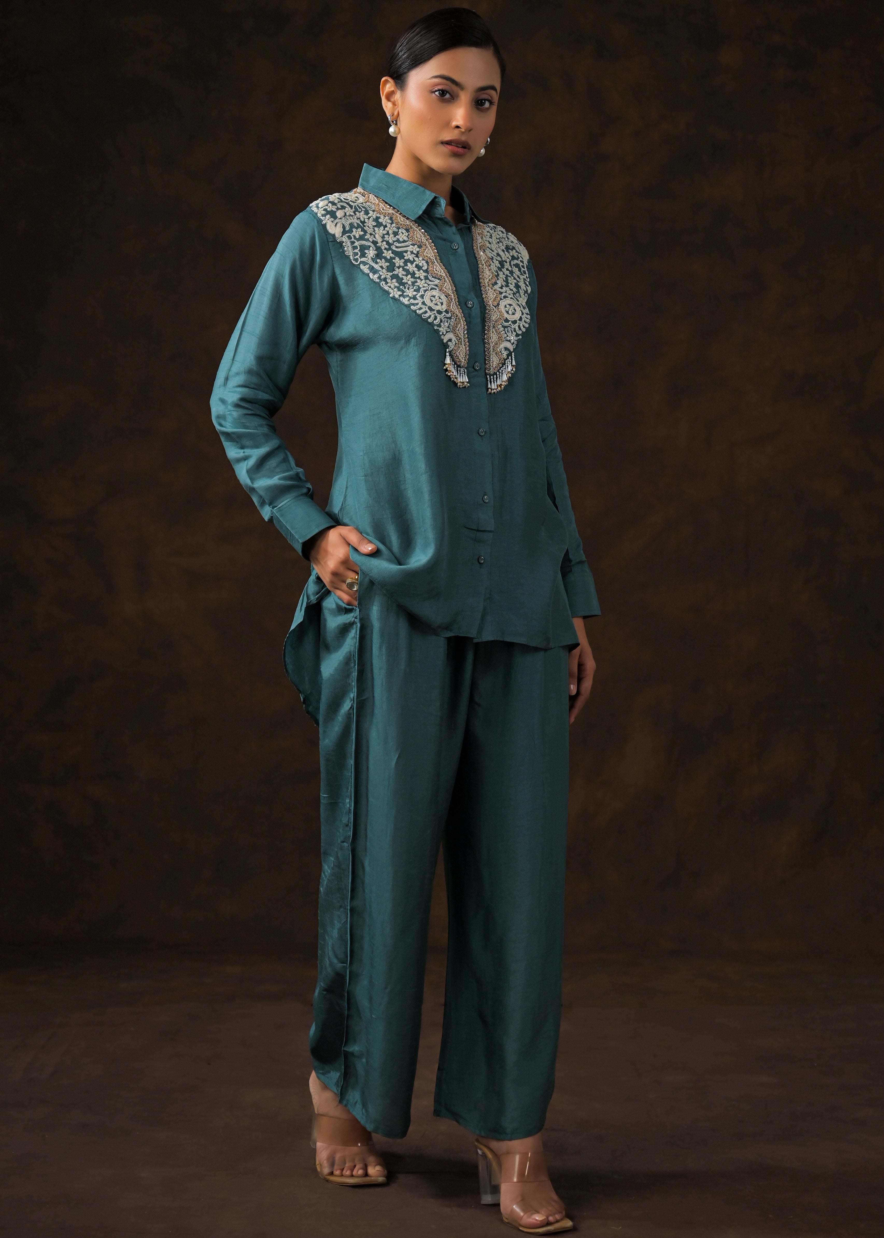 Emerald Teal Embroidered Raw Silk Co-Ord Set