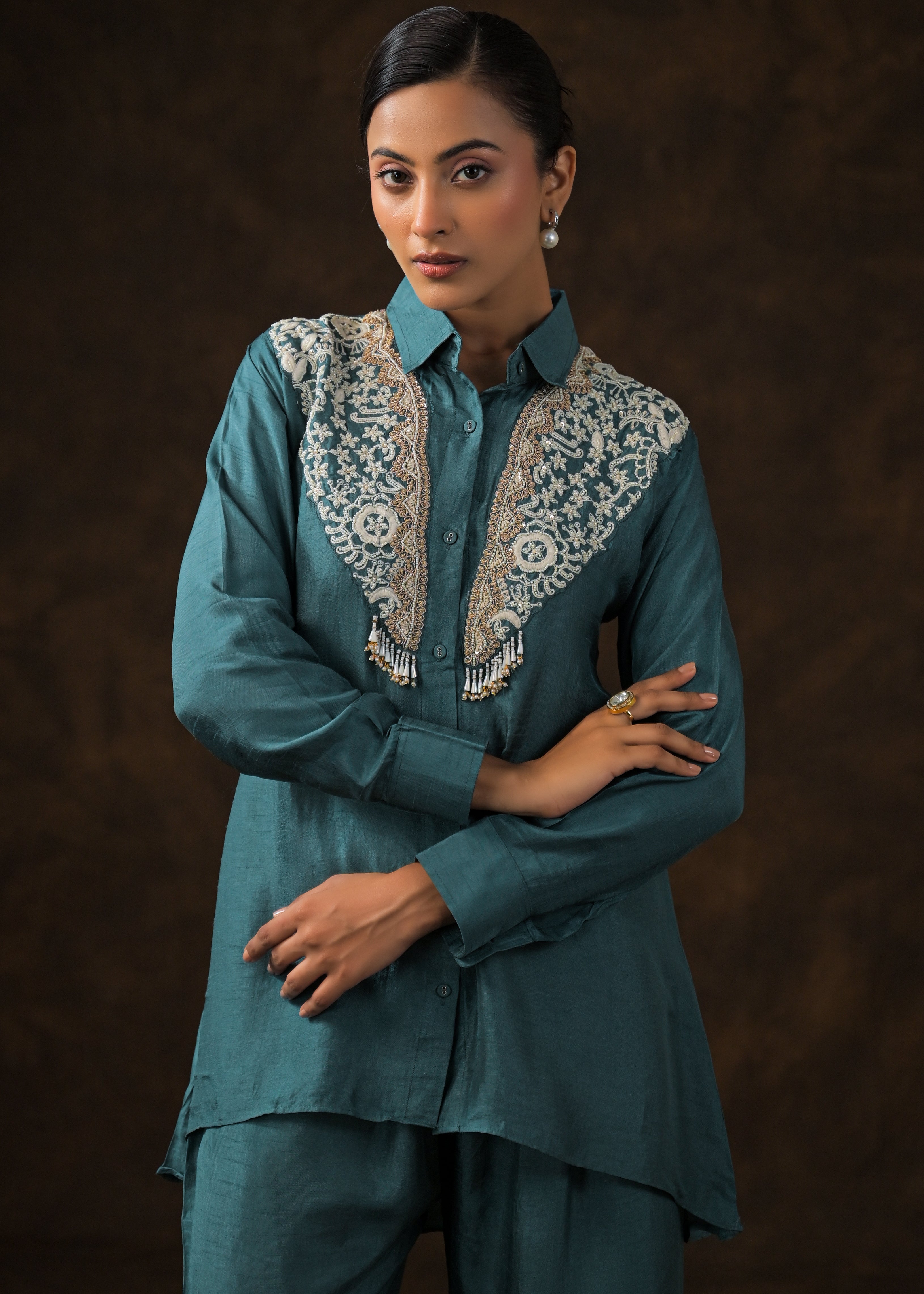 Emerald Teal Embroidered Raw Silk Co-Ord Set