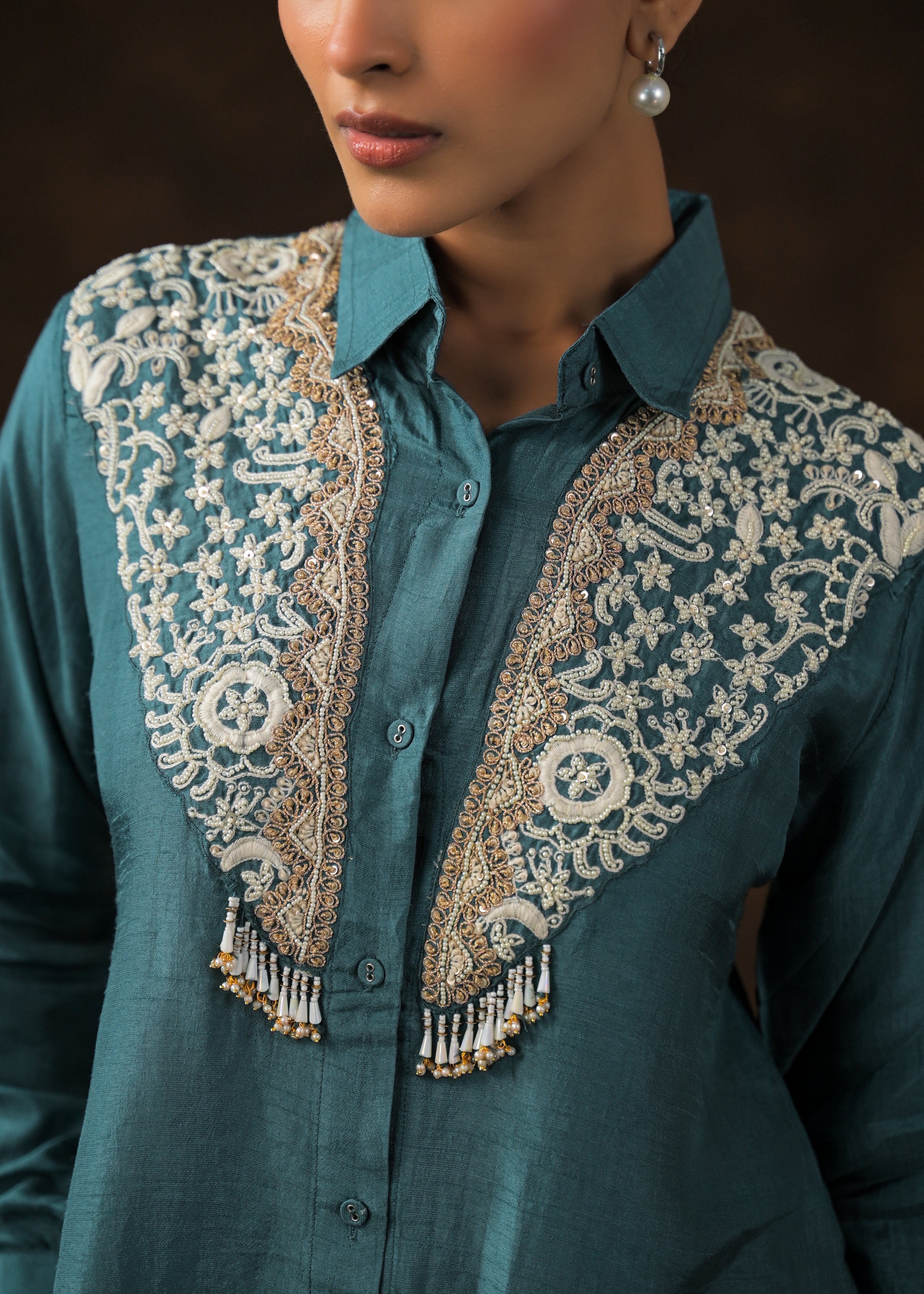 Emerald Teal Embroidered Raw Silk Co-Ord Set