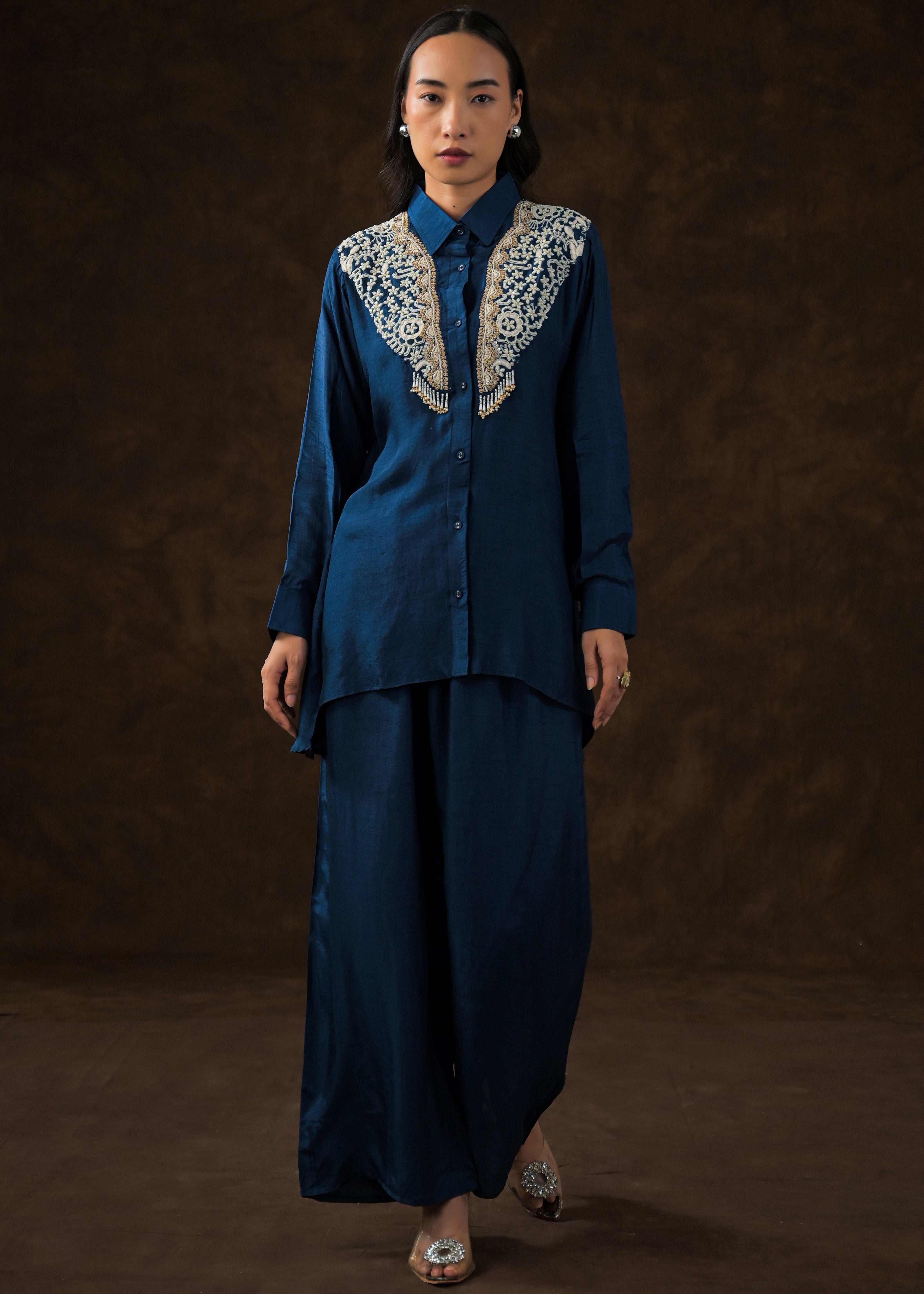 Ink Blue Embroidered Raw Silk Co-Ord Set