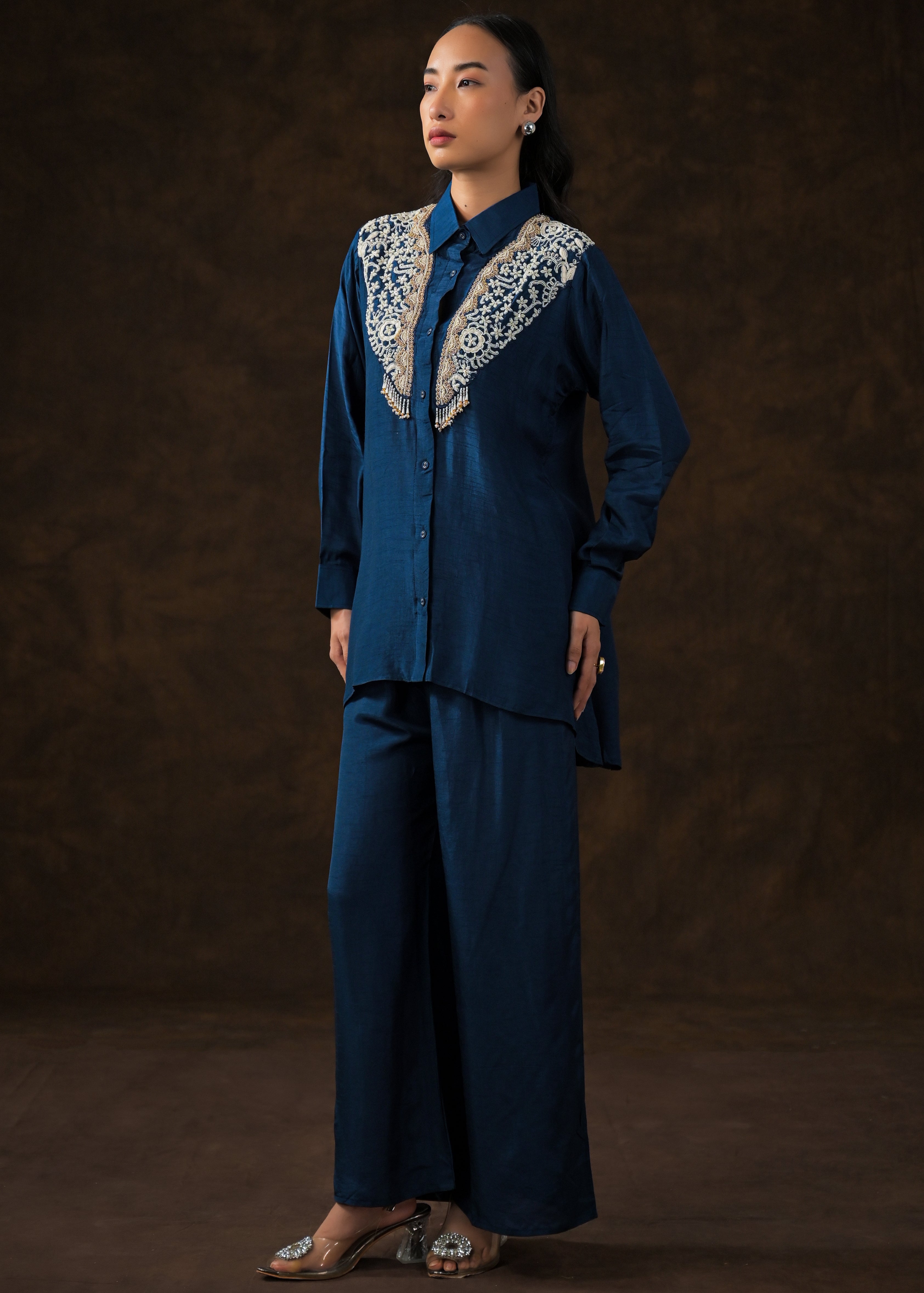 Ink Blue Embroidered Raw Silk Co-Ord Set
