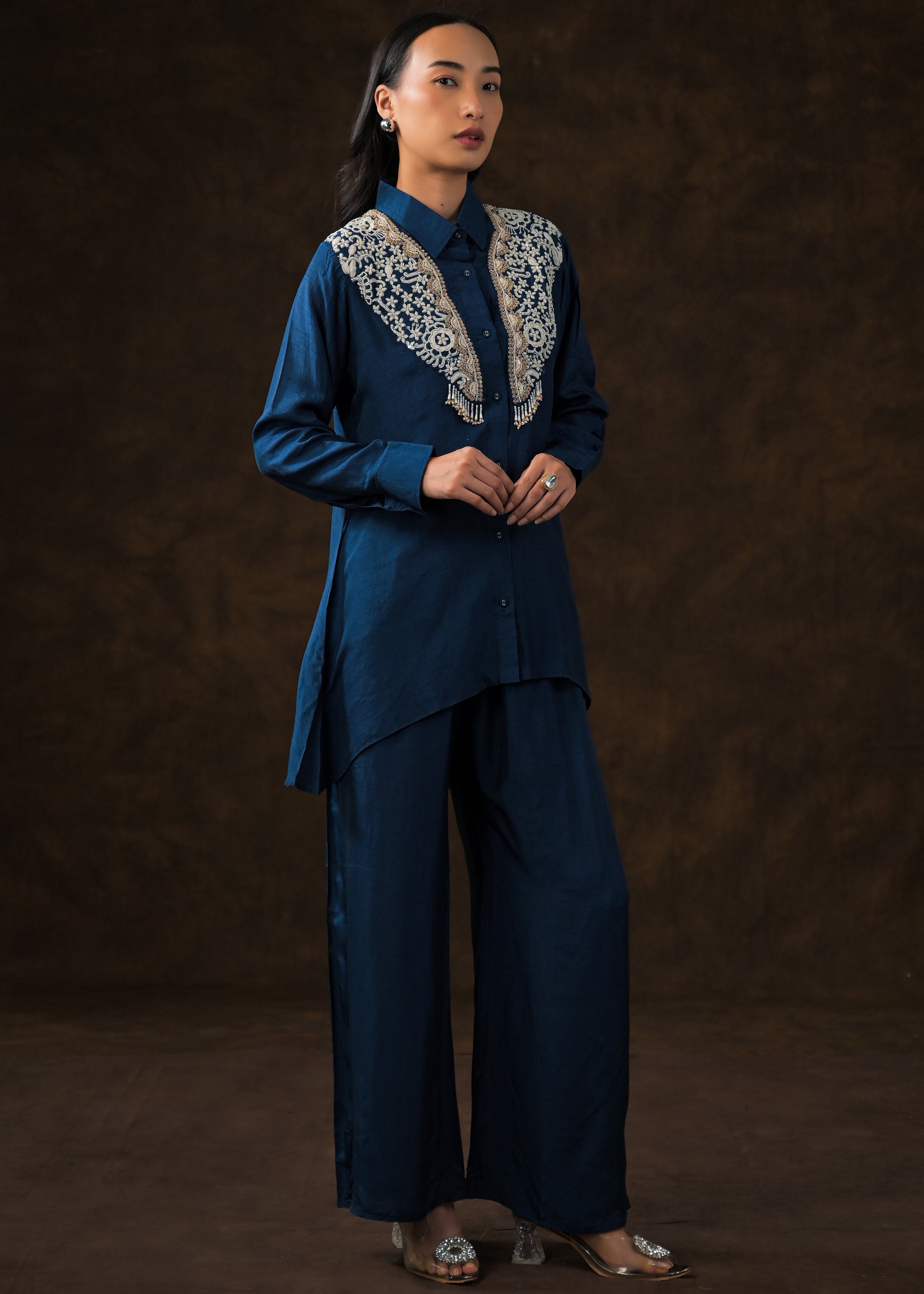 Ink Blue Embroidered Raw Silk Co-Ord Set
