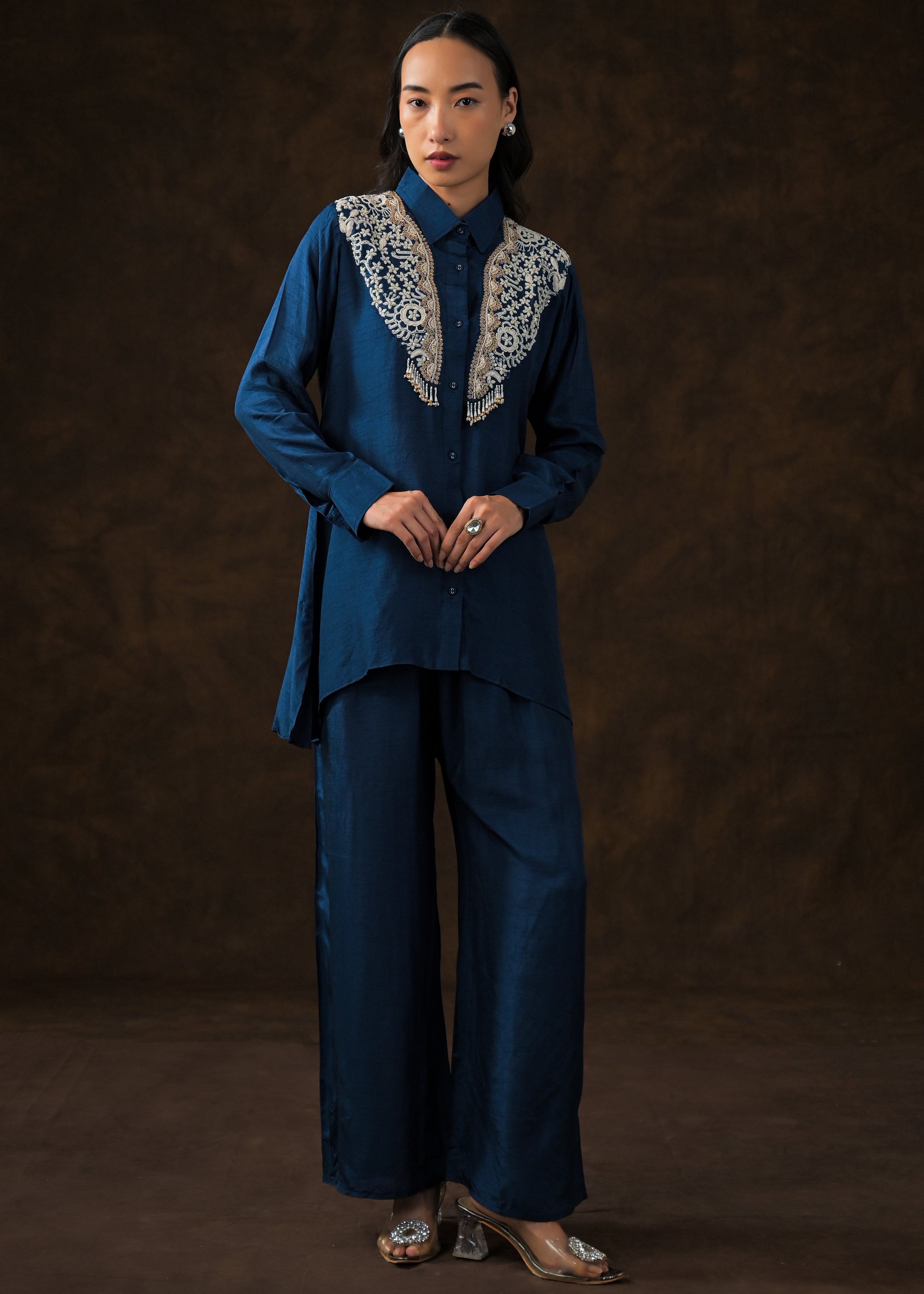 Ink Blue Embroidered Raw Silk Co-Ord Set