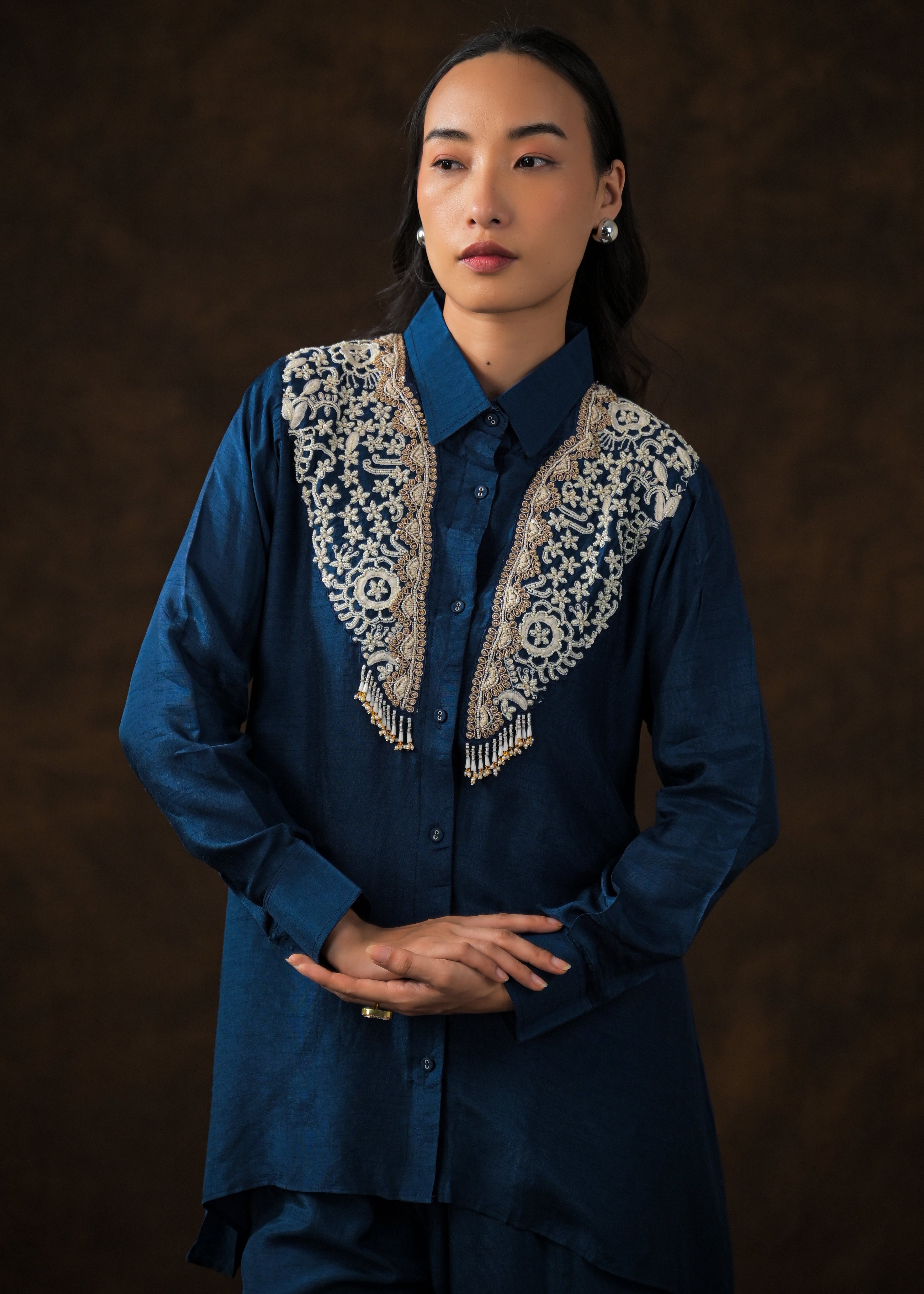 Ink Blue Embroidered Raw Silk Co-Ord Set