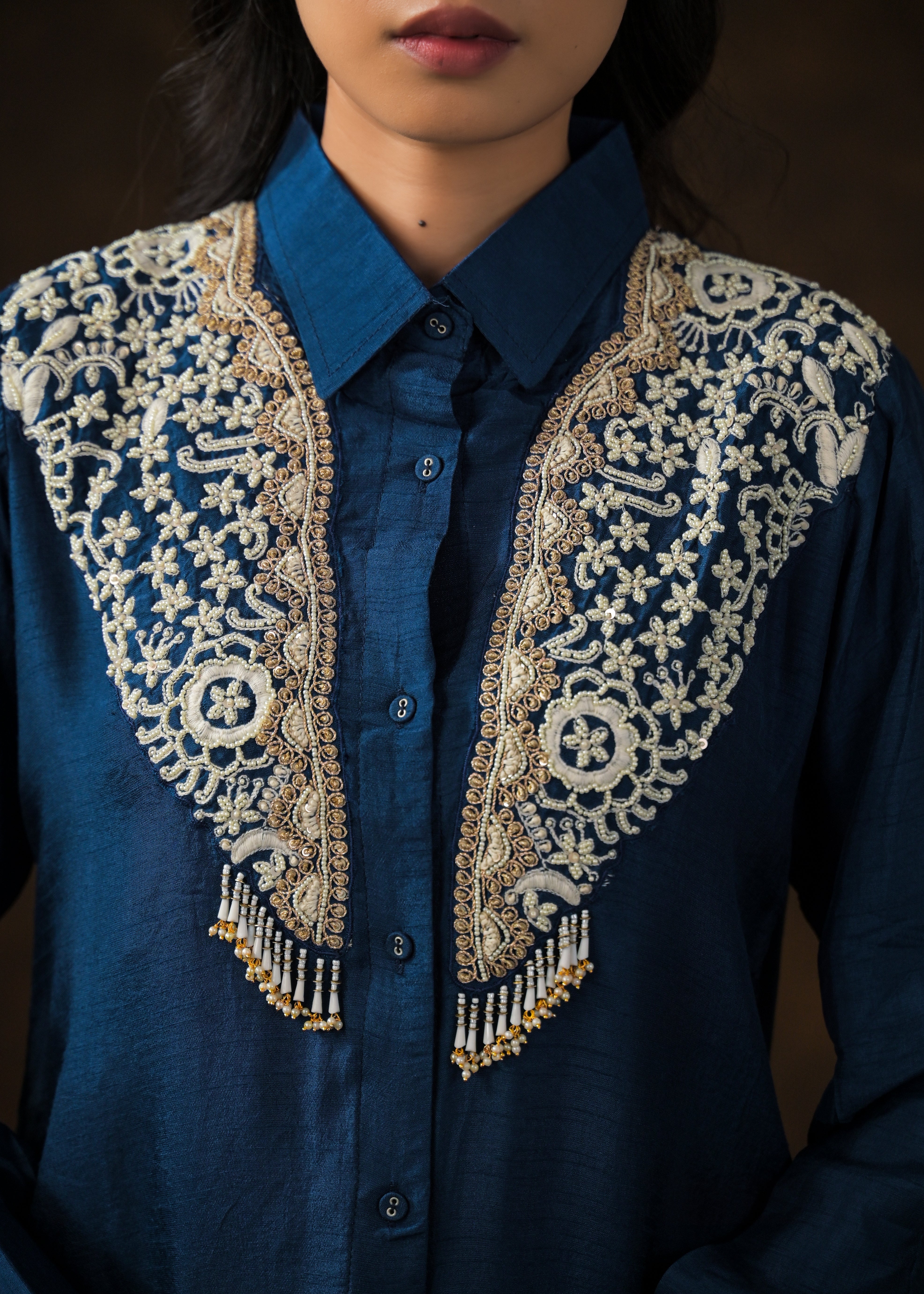 Ink Blue Embroidered Raw Silk Co-Ord Set