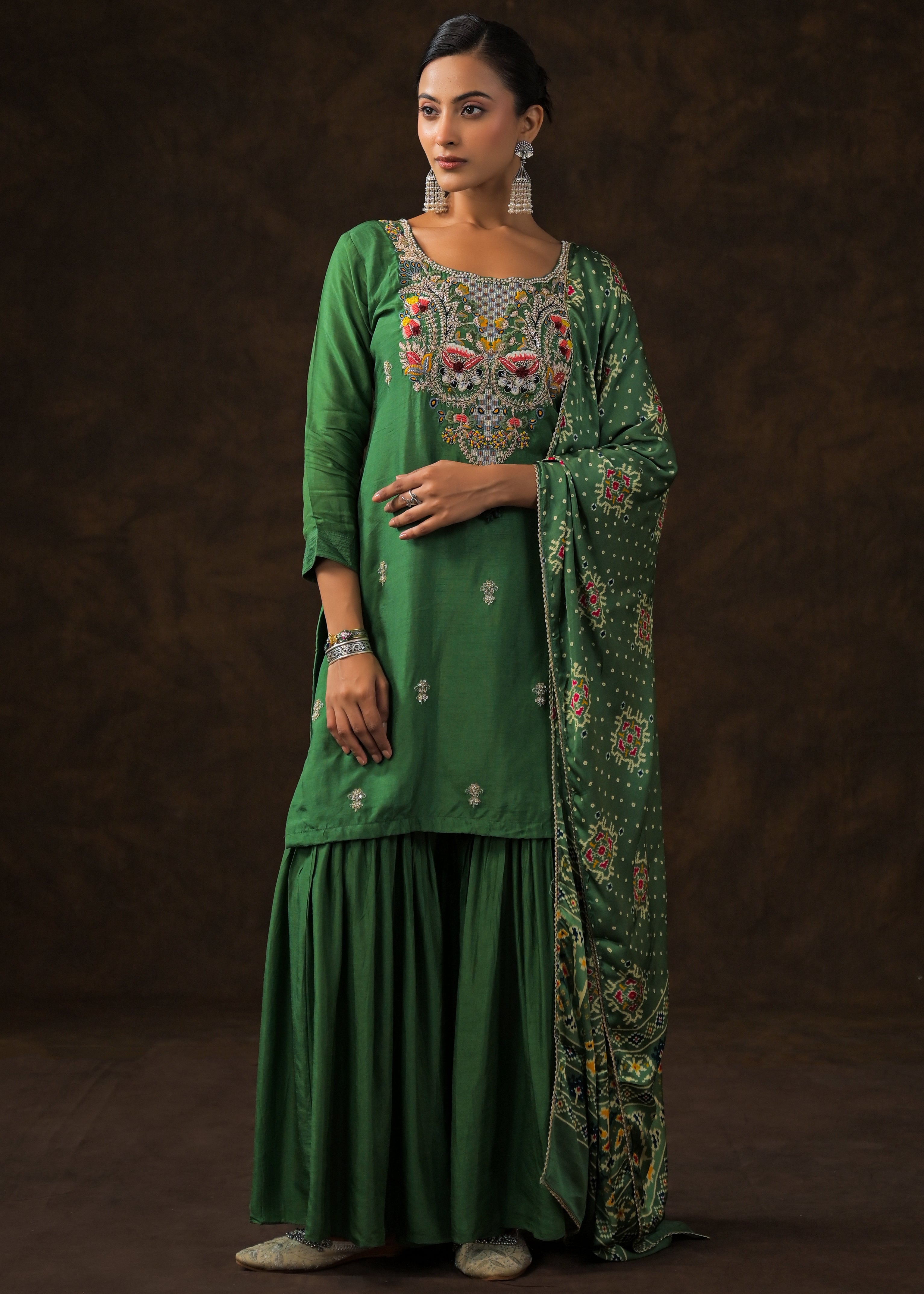 Bottle Green Embellished Raw Silk Sharara Set