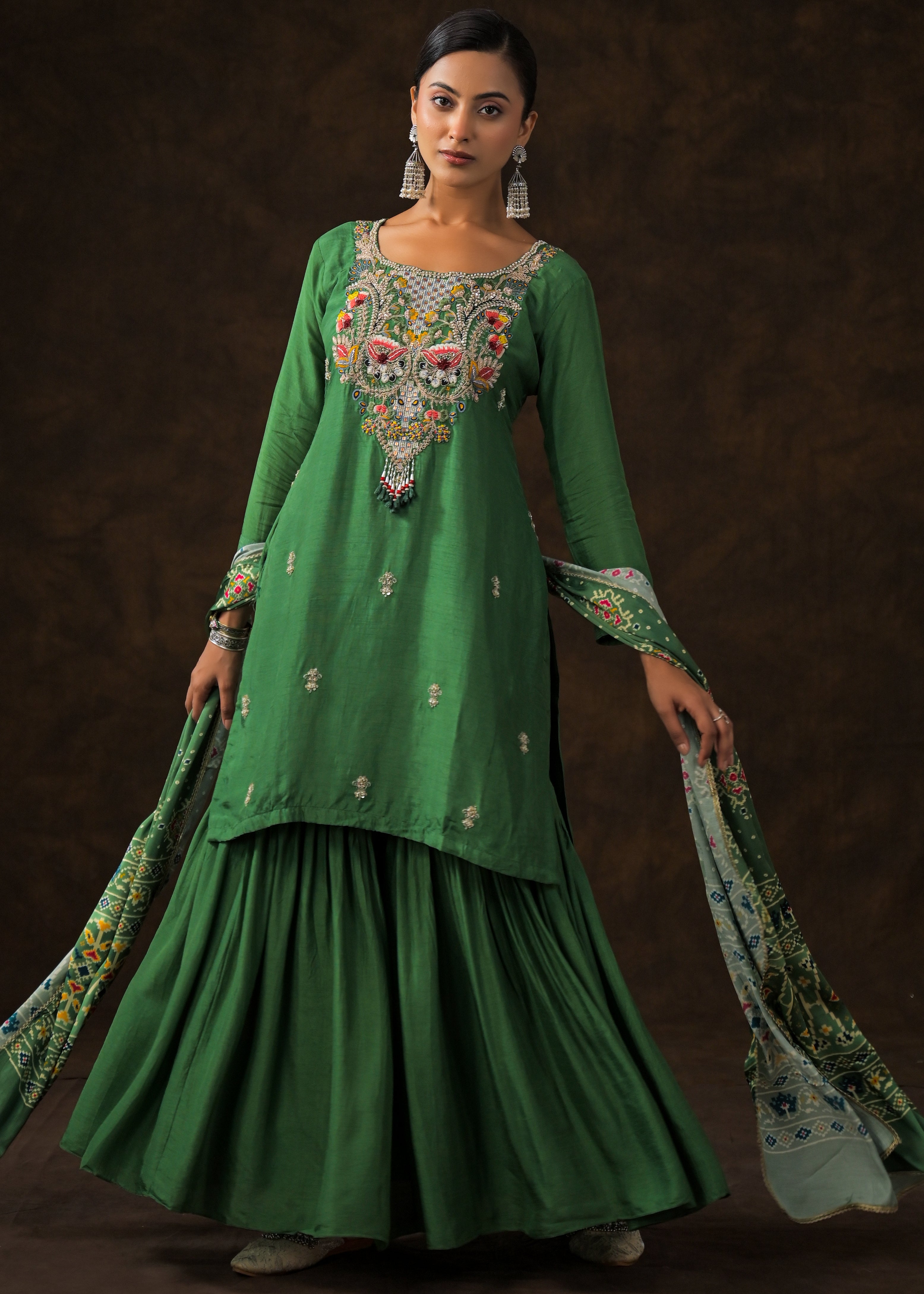 Bottle Green Embellished Raw Silk Sharara Set