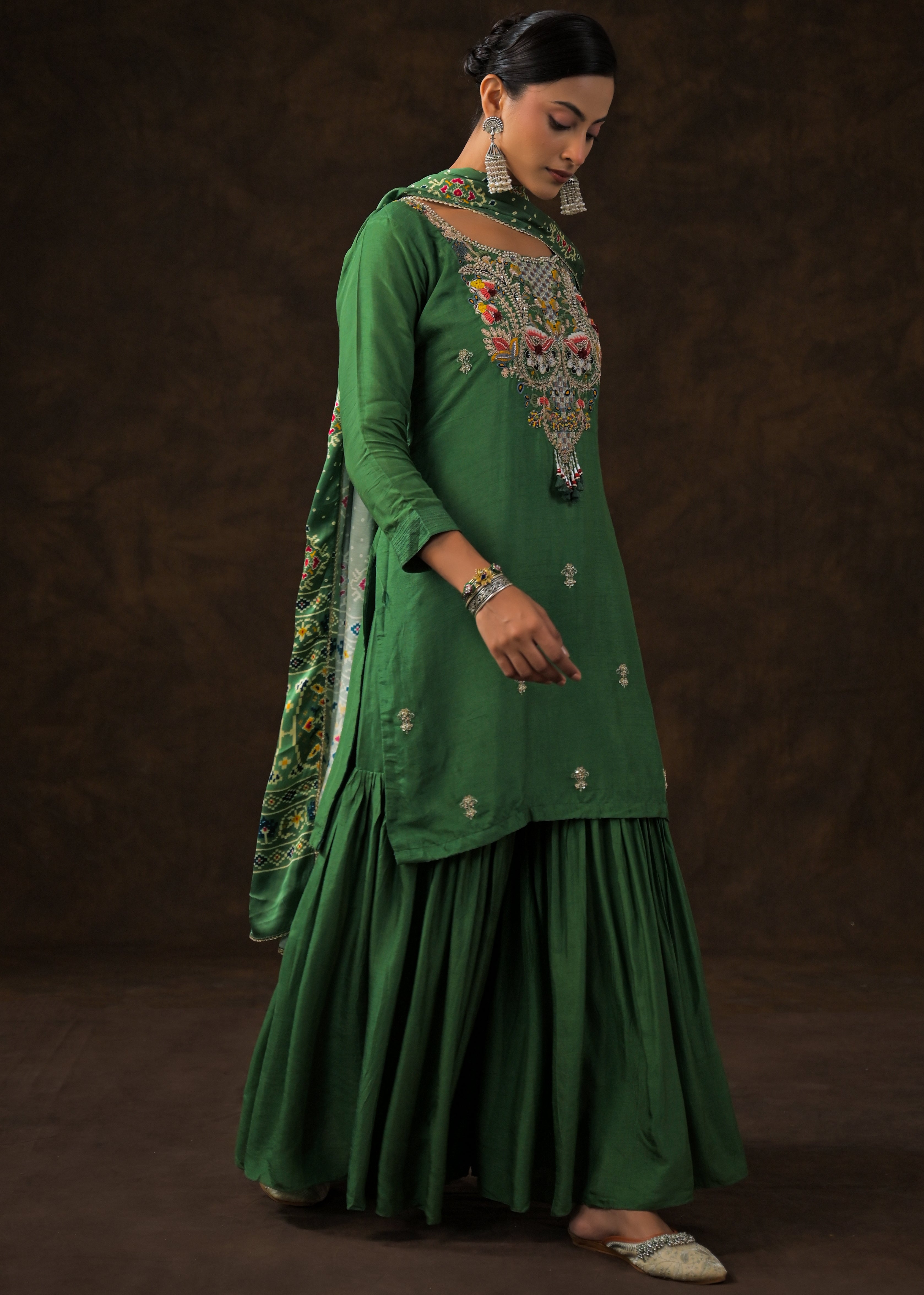 Bottle Green Embellished Raw Silk Sharara Set