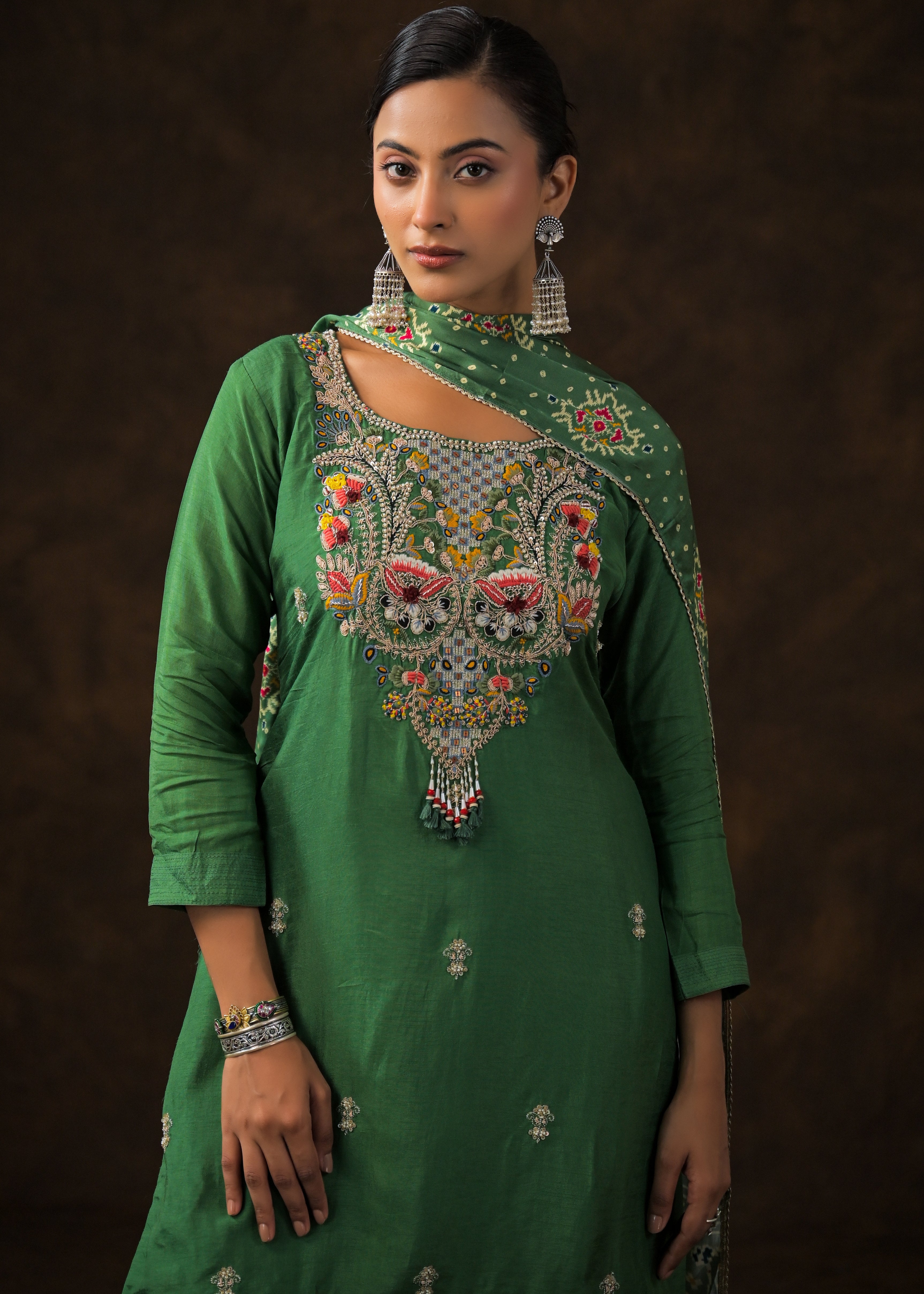 Bottle Green Embellished Raw Silk Sharara Set