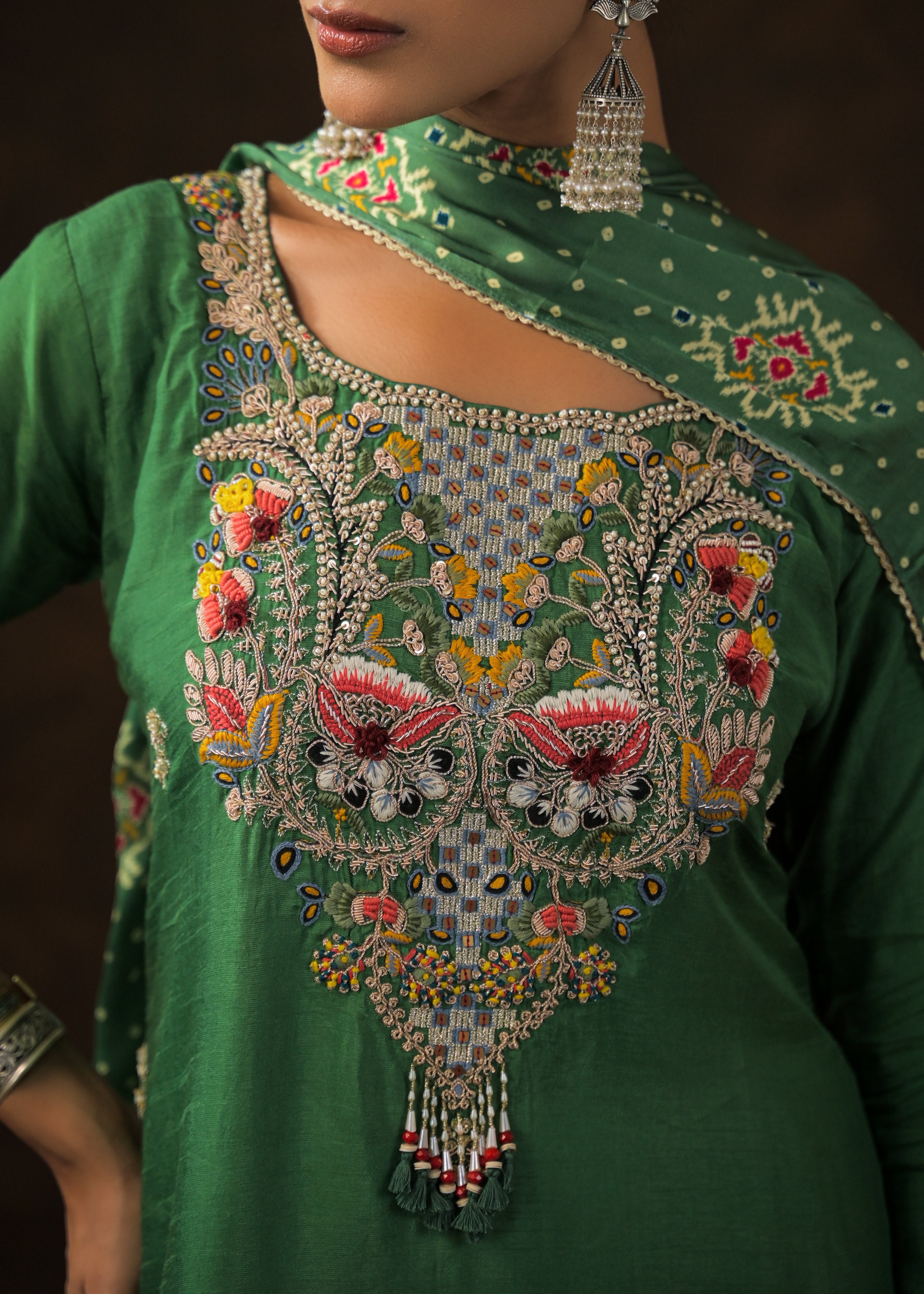 Bottle Green Embellished Raw Silk Sharara Set
