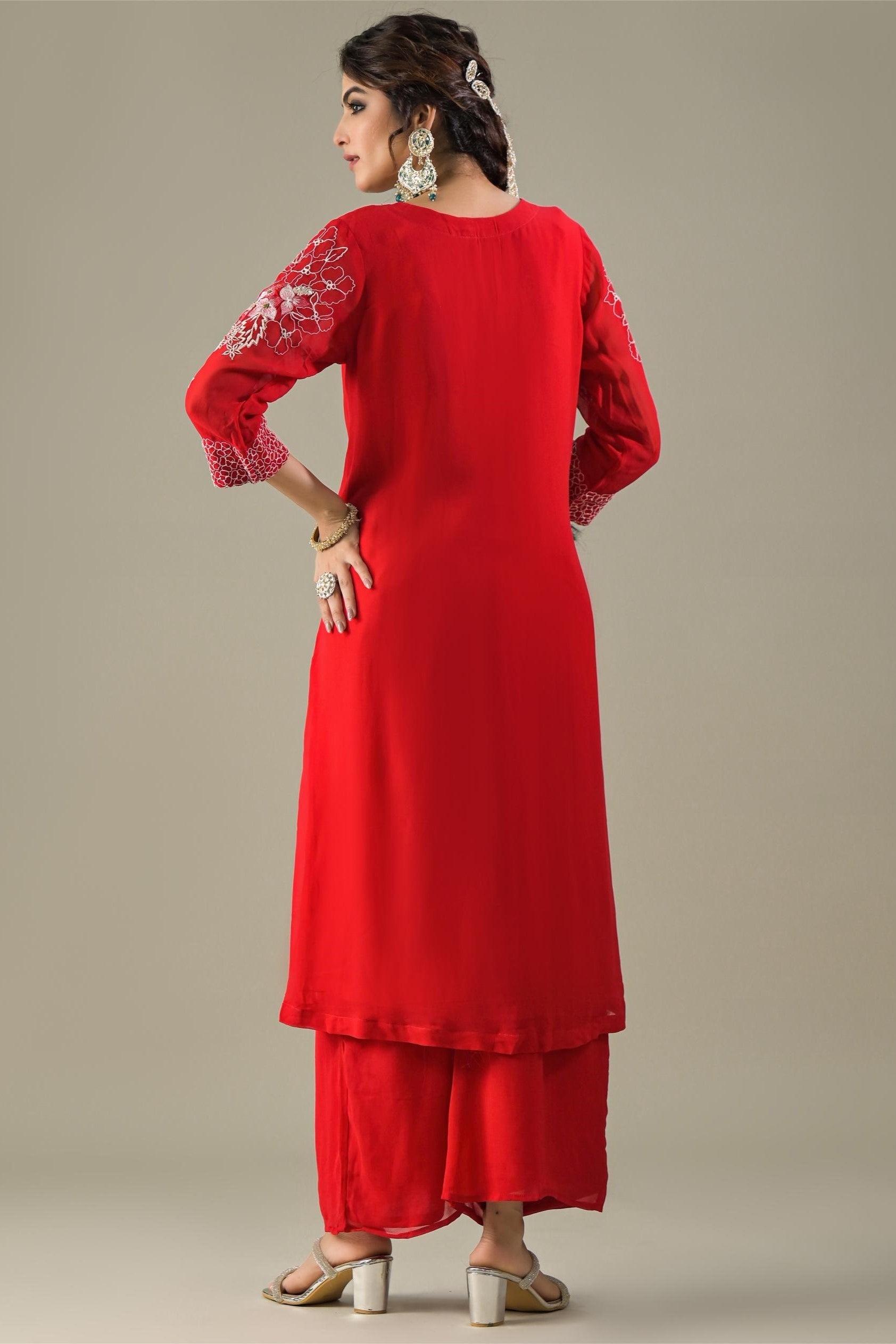 Red Embroidered Georgette Silk Kurta & Pants Set