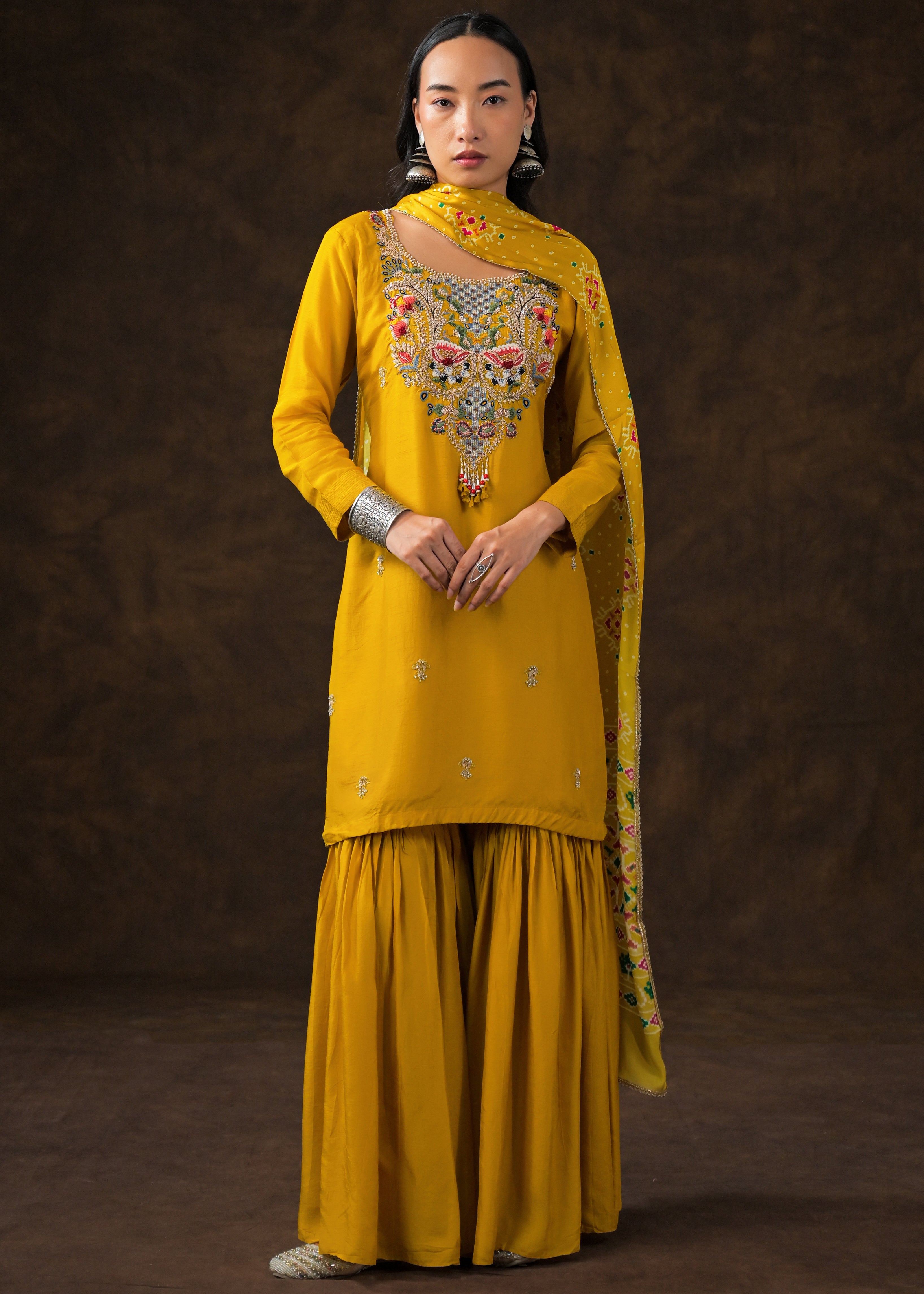 Mustard Yellow Embellished Raw Silk Sharara Set