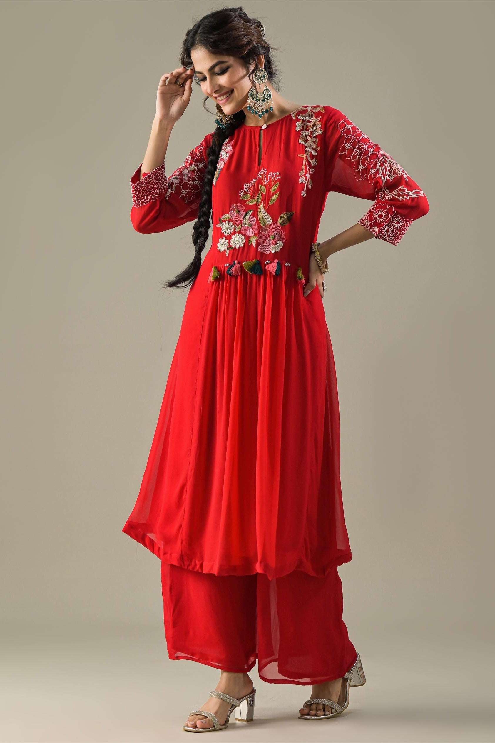 Red Embroidered Georgette Silk Kurta & Pants Set