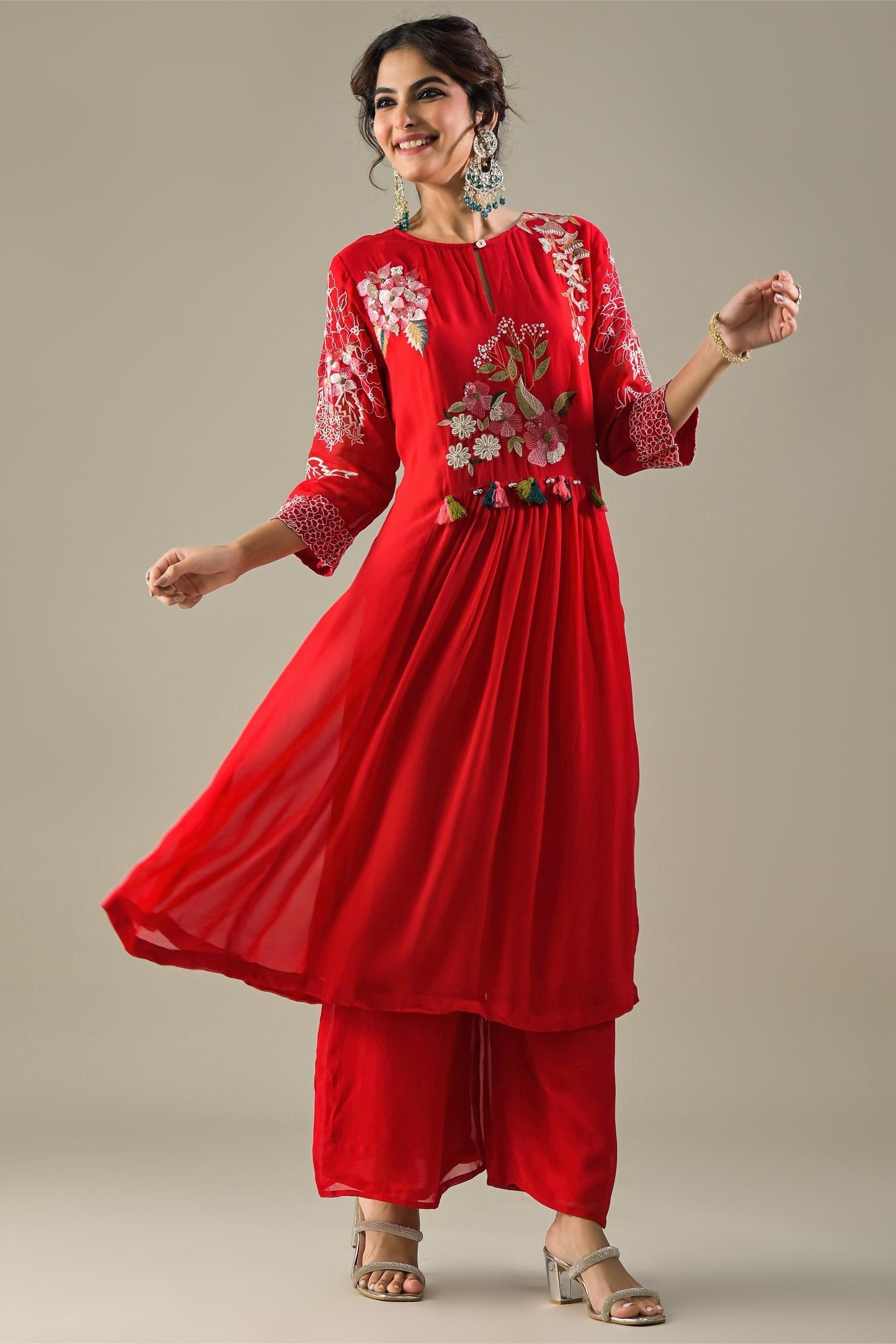 Red Embroidered Georgette Silk Kurta & Pants Set