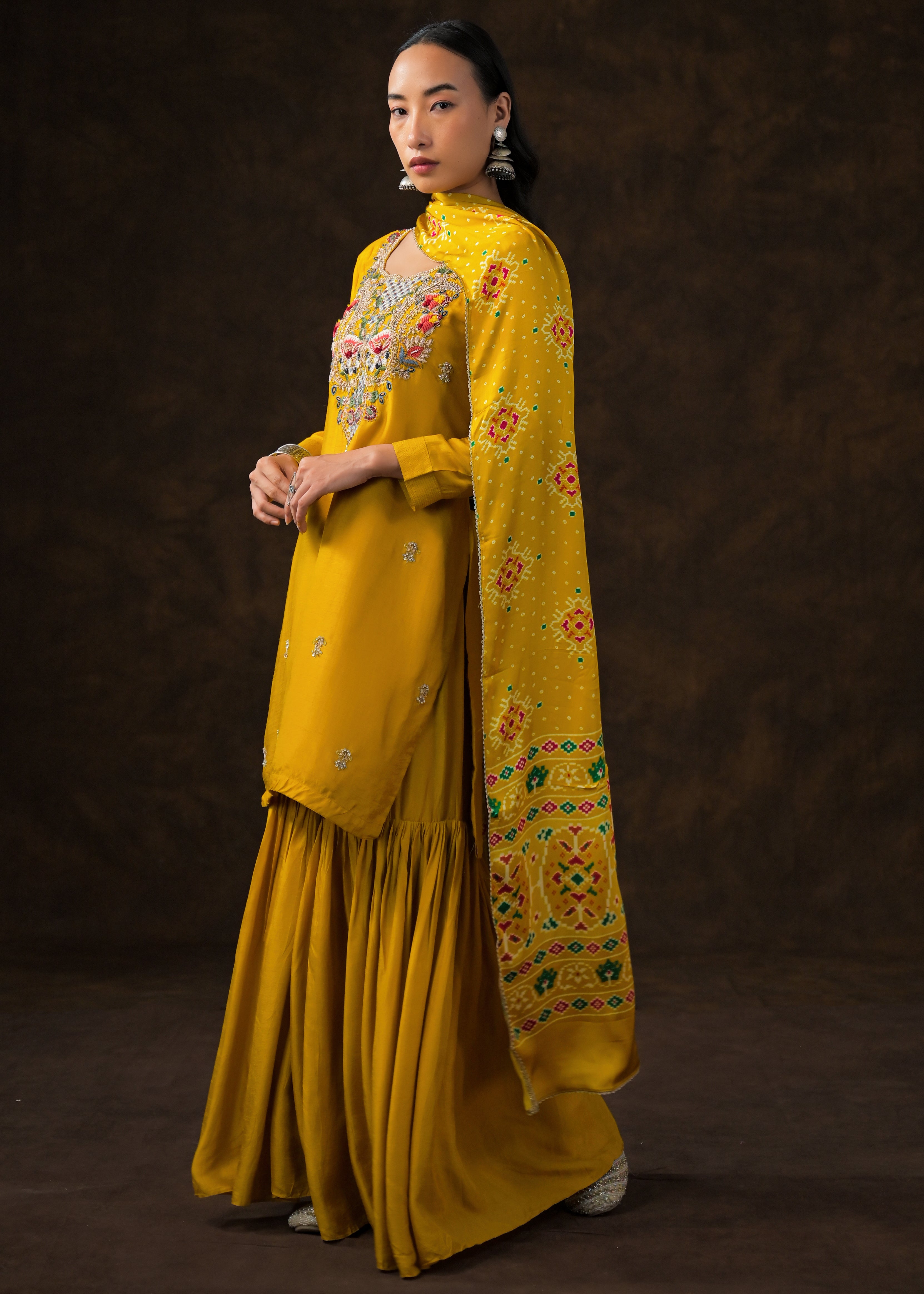 Mustard Yellow Embellished Raw Silk Sharara Set