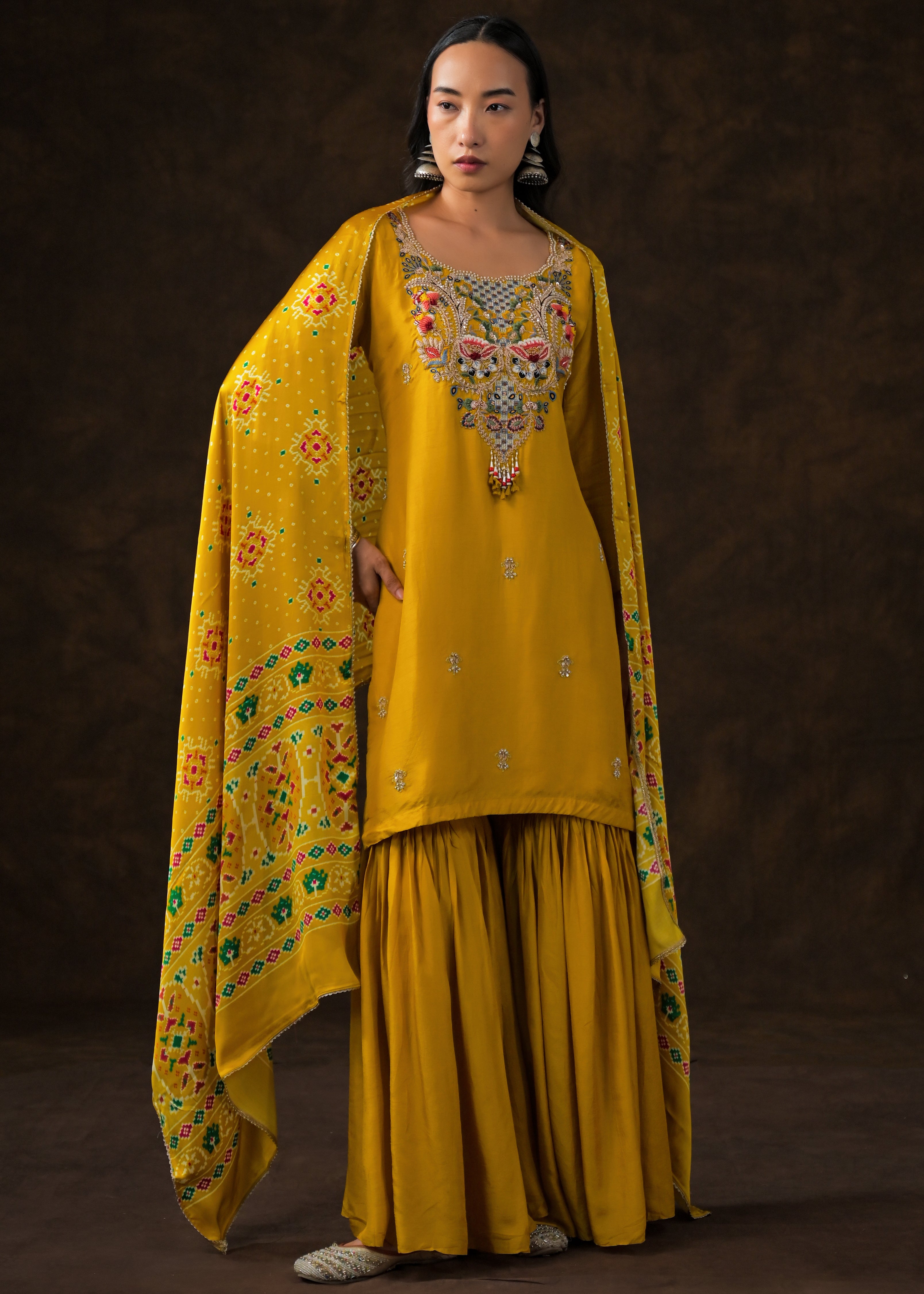 Mustard Yellow Embellished Raw Silk Sharara Set